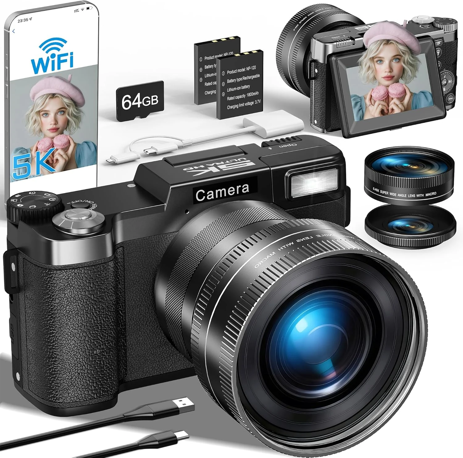 FLATIC 5K Digital Camera with WiFi, Cameras for Photography with 180°Flip Screen, Vlogging Camera with 64GB Card, Battery, Camera for Beginner, Teens