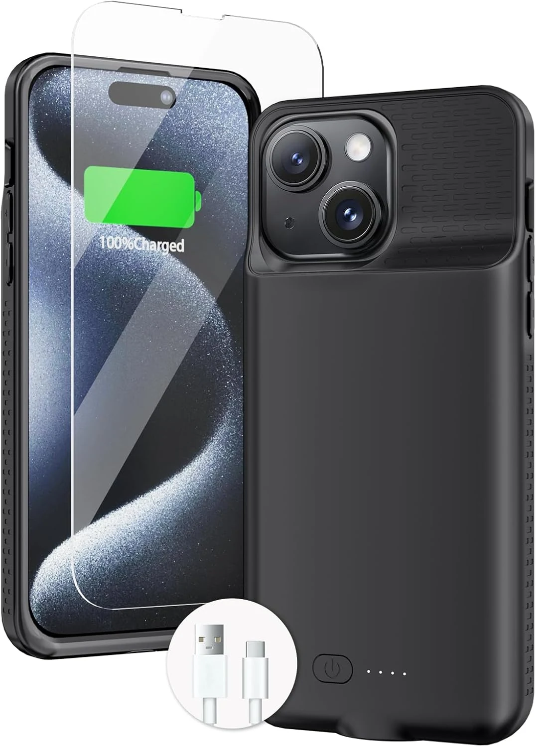 BOPPS Battery Case for iPhone 15/15 Pro【2026 New】 Slim Powerful 7000mAh Portable Charger Case 360°Protection (Black)