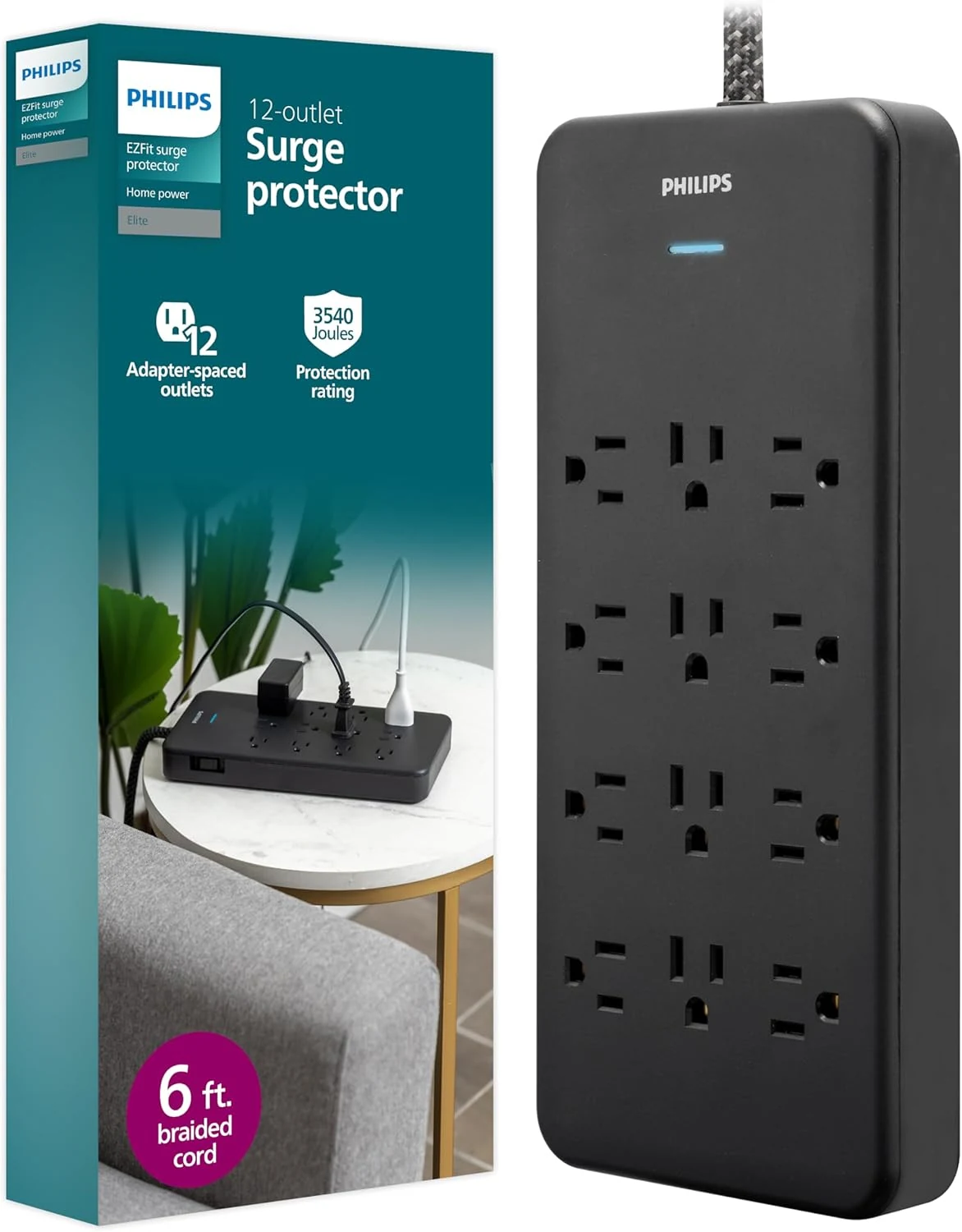 Philips 12-Outlet Surge Protector Power Strip, 6 Ft Braided Extension Cord, Wide Spaced Outlet Extender, 3500 Joules, Flat Plug, Wall Mount (SPP3813B/37)