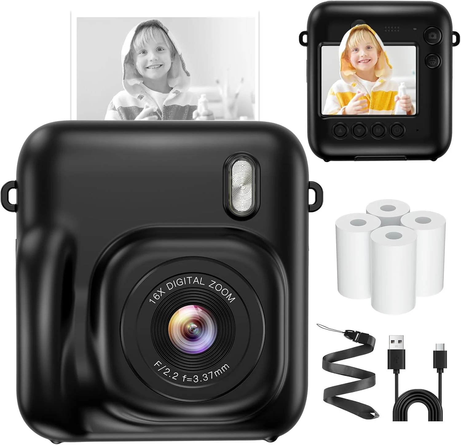 Zostuic Instant Camera, 1080P Kids Camera with Dual Lenses and Instant Print (Black)