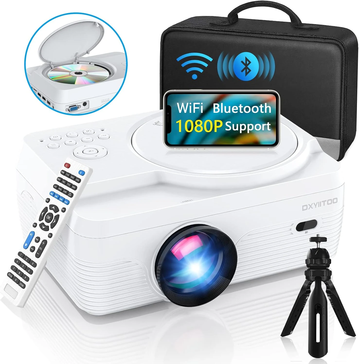 Dxyiitoo Full HD WiFi Bluetooth Projector Built in DVD Player, 12000LM 1080P Supported