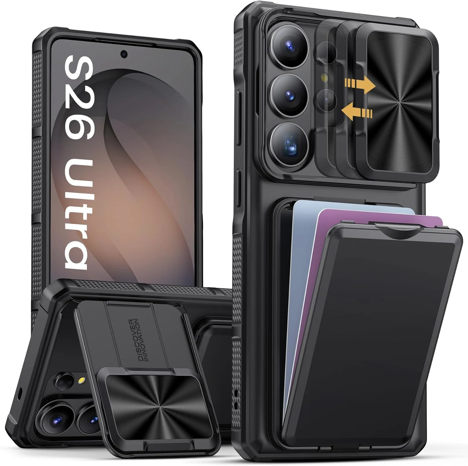 SSLOTSCASE for Samsung Galaxy S26 Ultra Case with Card Holder & Kickstand & Slide Camera Lens Cover (Black)
