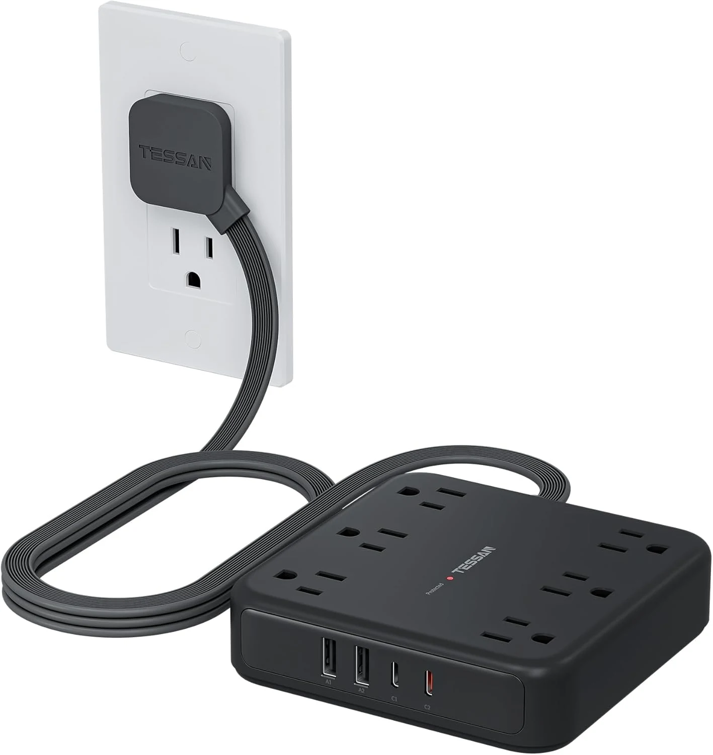 TESSAN 5Ft Black Extension Cord with Multiple Outlets, Surge Protector Power Strip with 6 Outlets and 4 USB Ports (2 USB C)