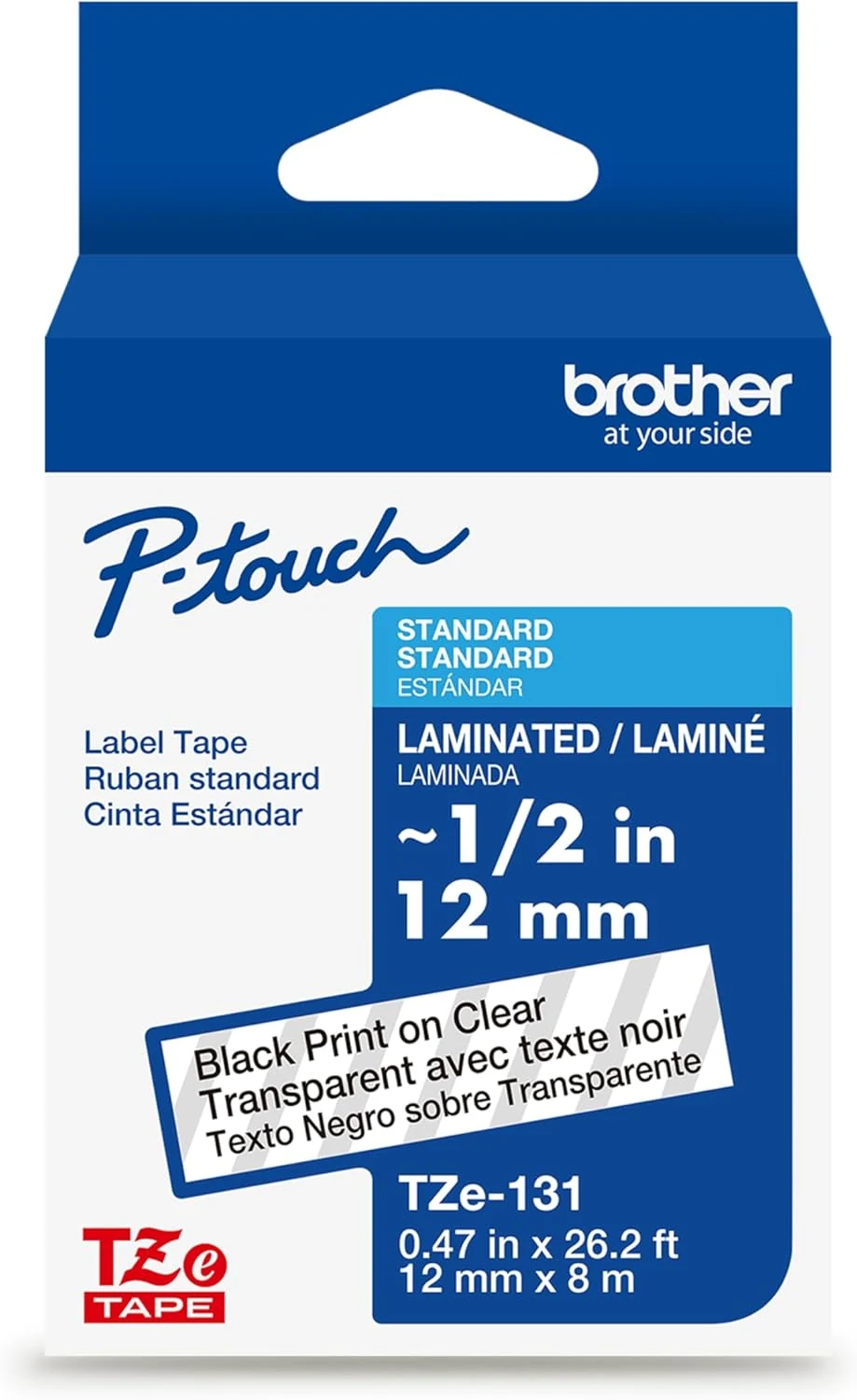 Brother Genuine P-Touch TZE-131 Tape, 1/2" (0.47") Standard Laminated P-Touch Tape, Black on Clear (TZe131)