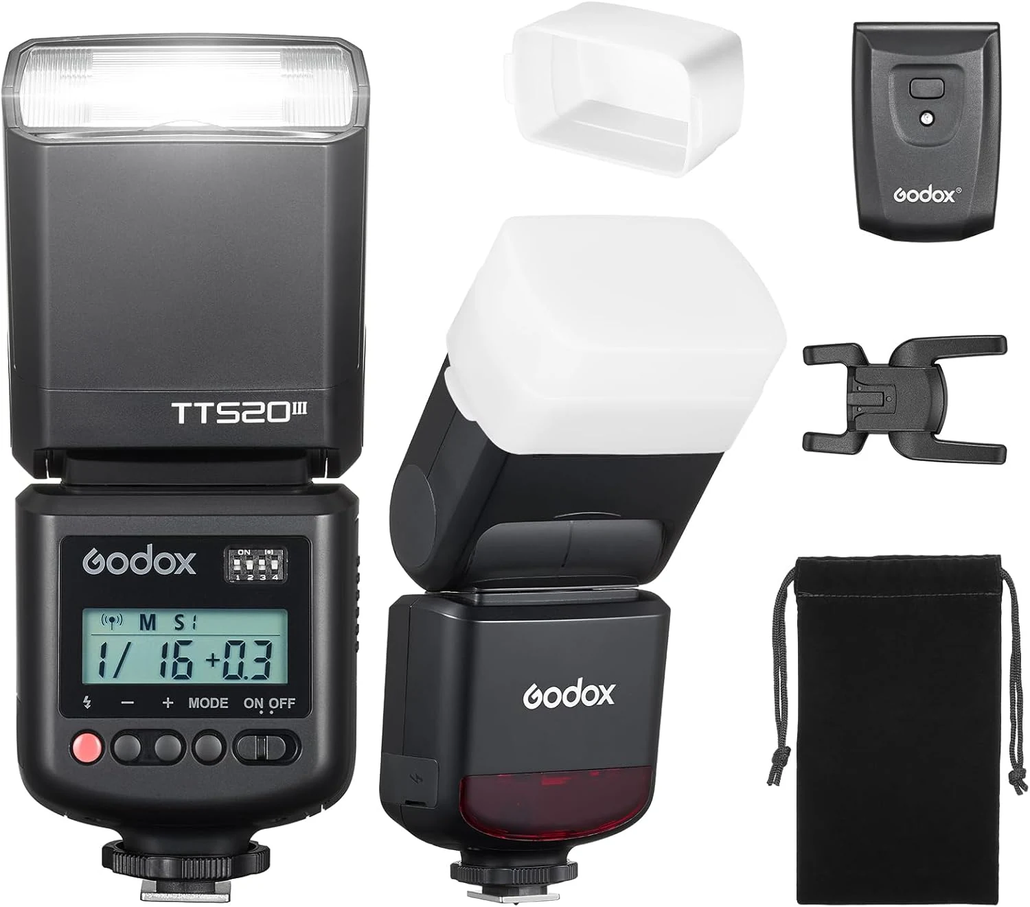 Godox TT520III Universal Bounce Flash Kit with Diffuser for Canon, Nikon, Sony, Fuji, Olympus Single-Contact Hot Shoe Cameras, 433MHz Wireless Speedlite, GN33, 400 Flashes, S1/S2 Optical Slave Modes