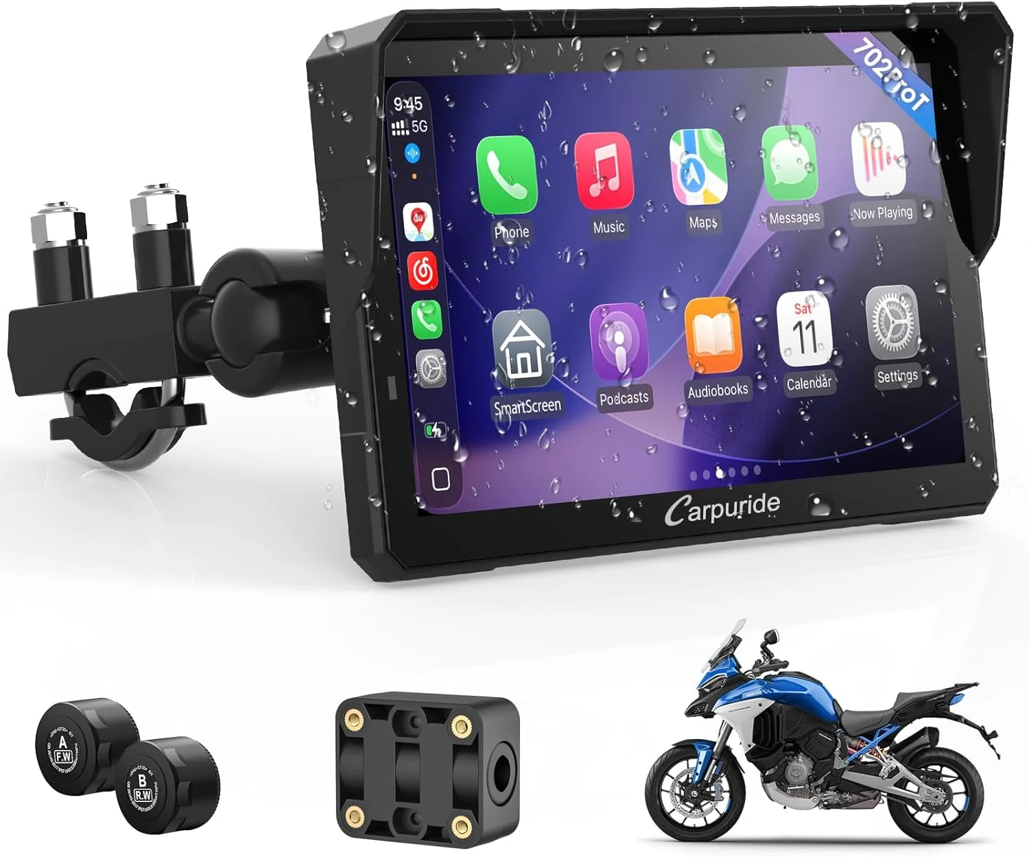 Carpuride W702T PRO 7" Waterproof GPS Navigation Screen for Motorcycle with CarPlay & Android Auto & TPMS & Dual Bluetooth, Music Sharing, Intercom, EQ, Light Sensor, Compass, Barometer