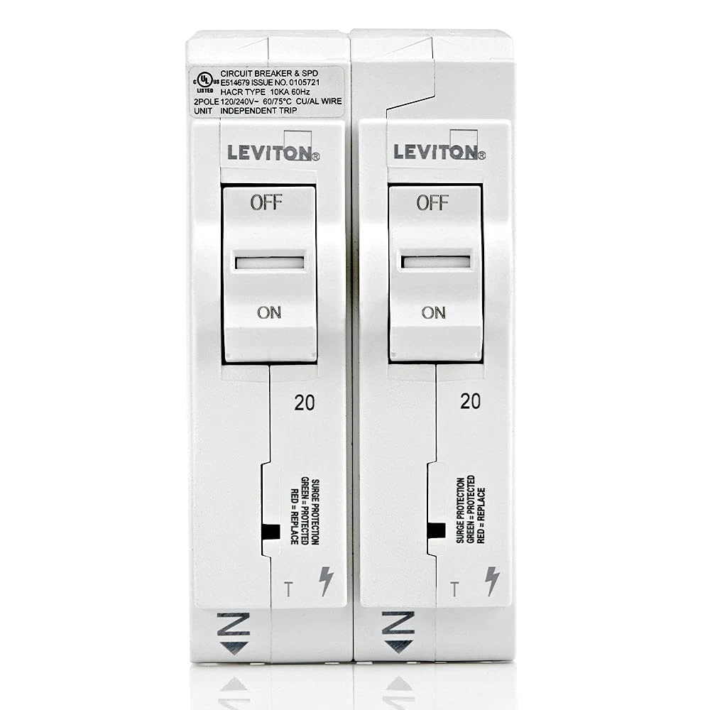 Leviton LSPD2-T Surge Protective Device with Two 20A 1-Pole Plug-On Standard Branch Circuit Breakers
