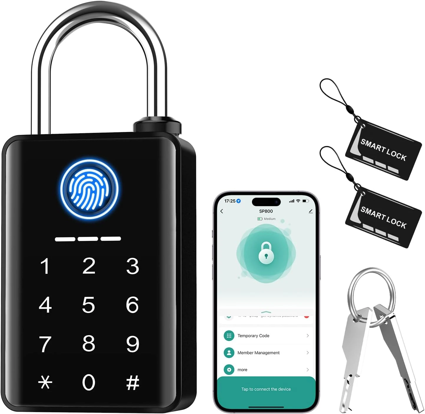Lokko Outdoor Padlock, Smart Outdoor Gate Lock, Waterproof Heavy Duty Bluetooth Keyless Rechargeable Lock, Fingerprint & RFID for Yard Gate