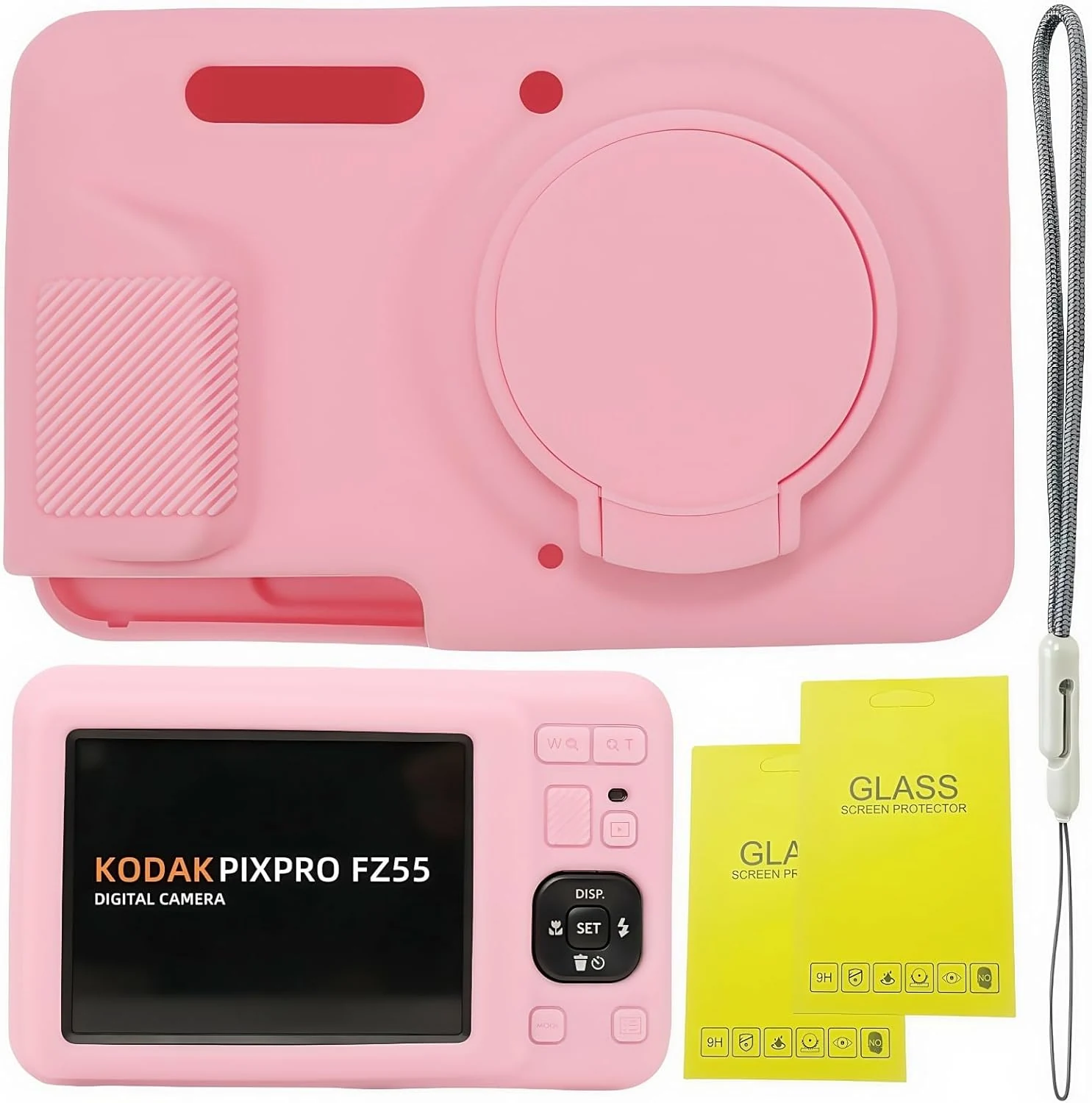 Case for Kodak PIXPRO FZ55 accessories (soft silicone case with removable lens cover, pink)