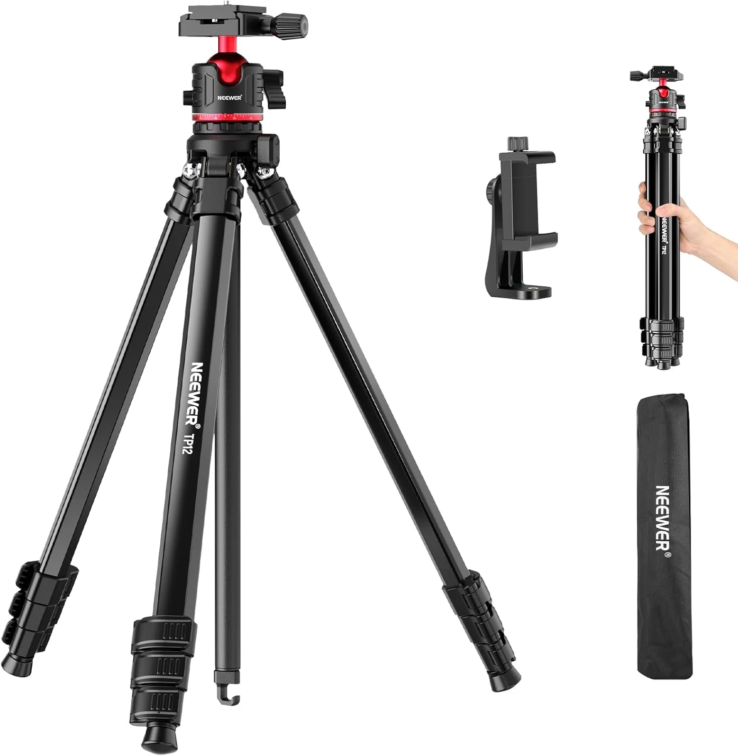 NEEWER Basics 66.5"/169 cm Travel Tripod for Camera, Lightweight Portable DSLR Stand with Ball Head, Arca Type QR Plate, Cell Phone Holder (TP12)