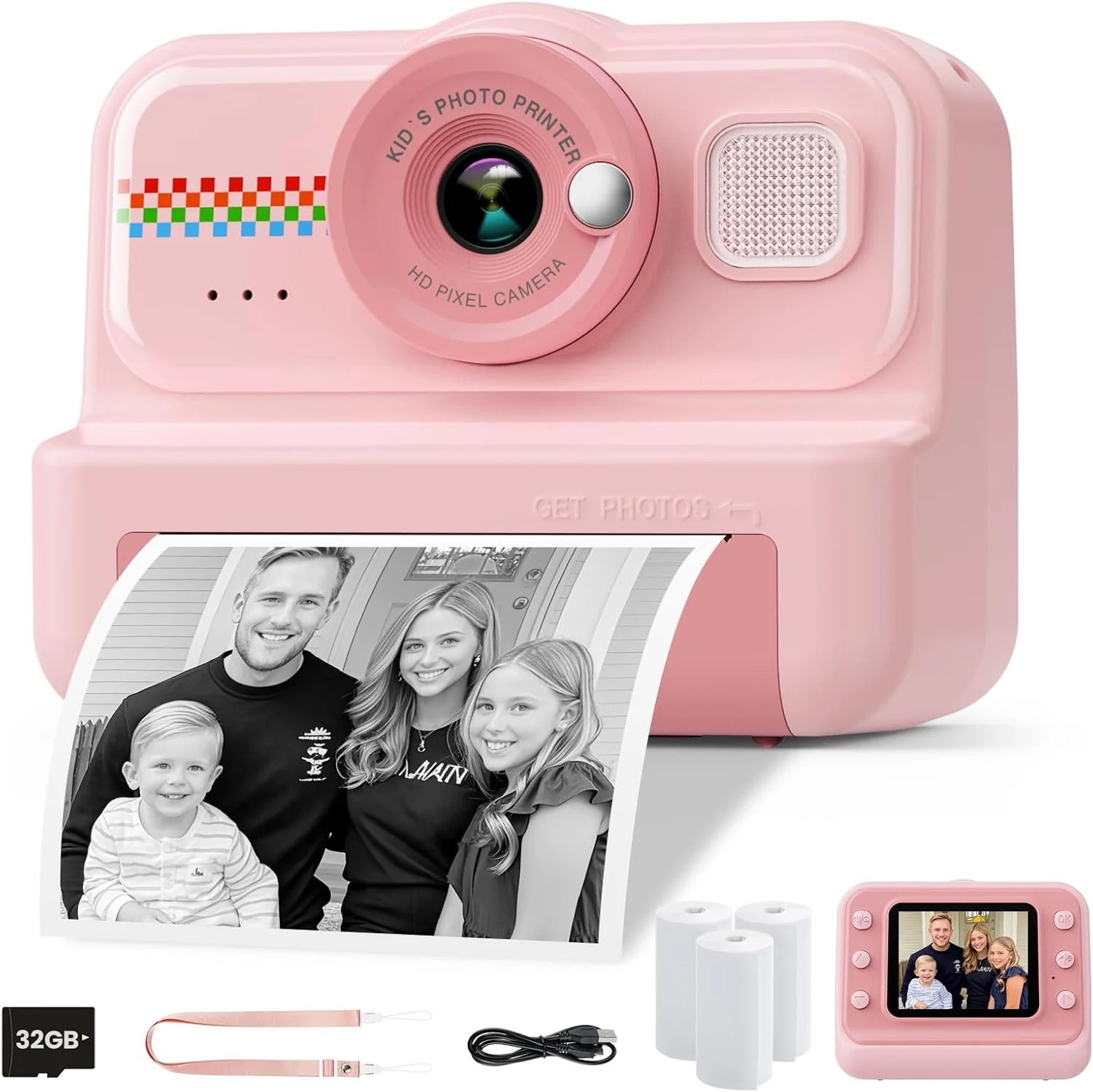 HiMont Kids Camera Instant Print, 1080P HD Instant Print Camera for Kids with 3 Rolls Print Paper & 32GB Card (Pink)