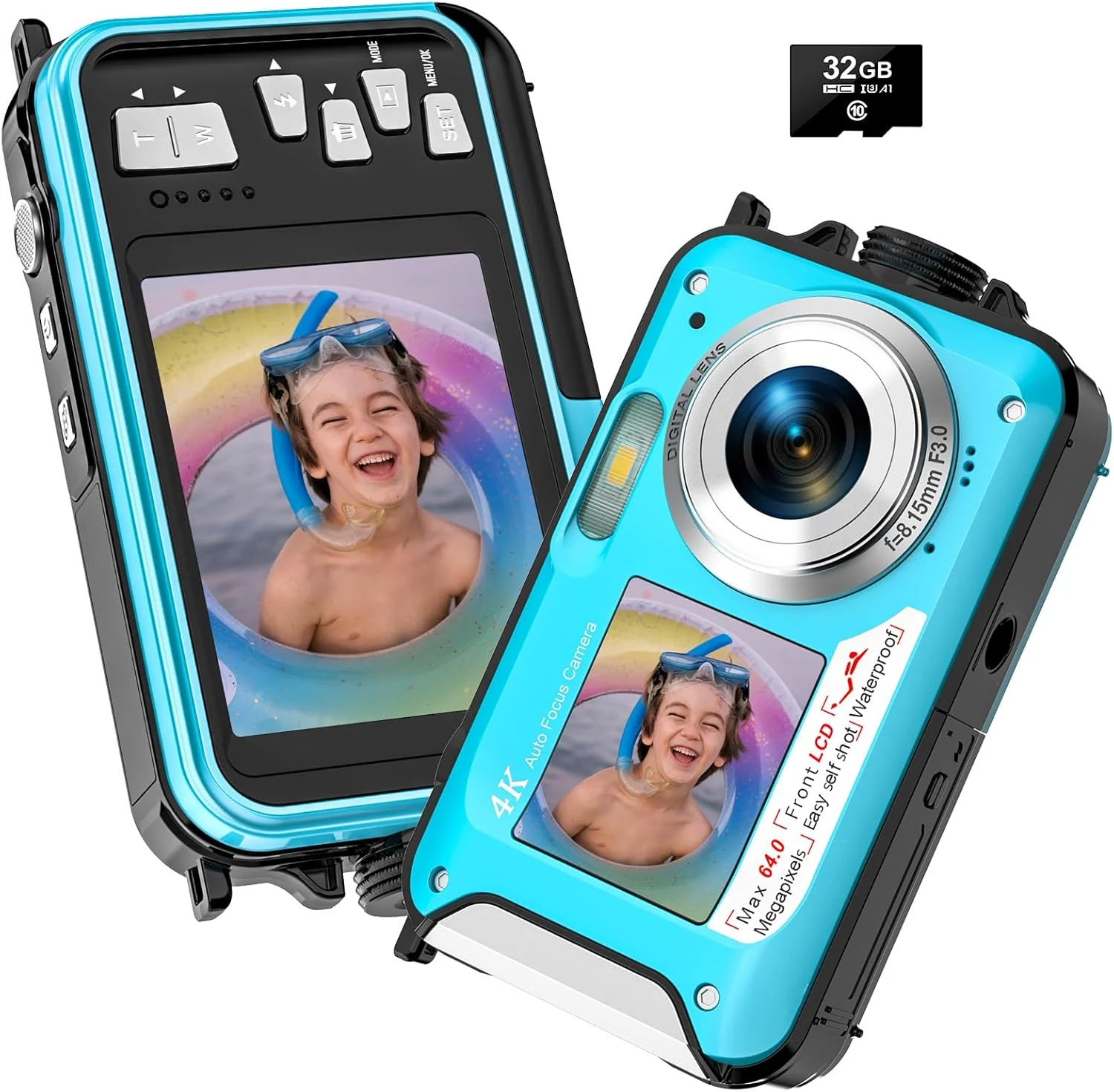 4K Underwater Camera 64MP Autofocus 16FT Waterproof Camera Dual-Screen Selfie 16X Underwater Camera for Snorkeling Waterproof Compact Floatable Digital Camera with 32GB Card,Blue
