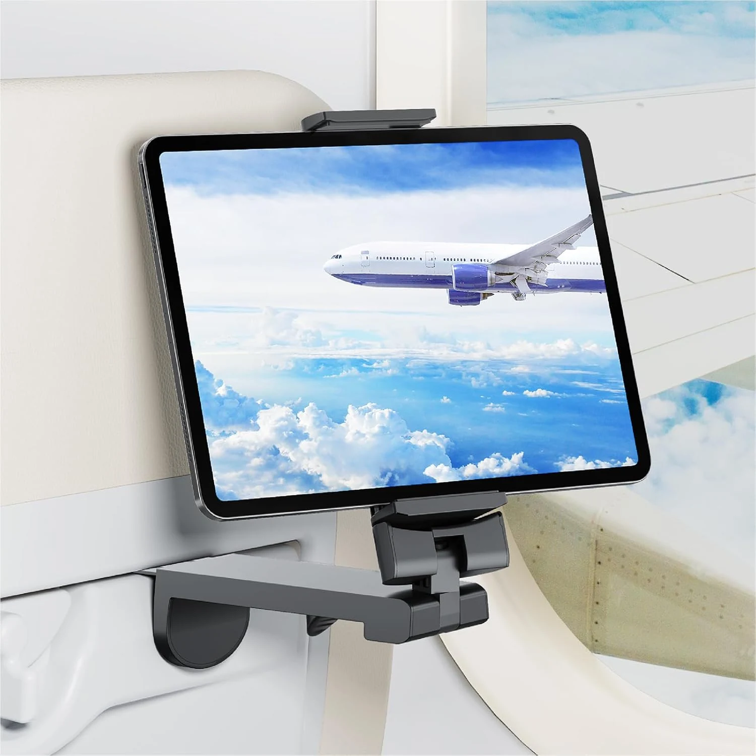 Airplane Tablet Holder Mount, Travel Essential Handsfree Tablet Stand with 360 Degree Rotation, Maximum 7.6” Clamp Opening, Compatible with iPad/Galaxy Tabs (Only Fits 7–11" Tablets)