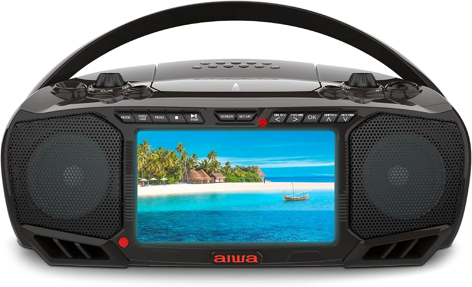 Aiwa Portable DVD Player, Crystal Clear Sound with Dual 3W speakers and Bass Function, featuring a 7" LCD Display