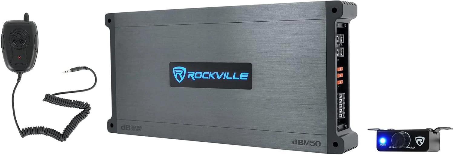 Rockville DBM50 4000W Peak/980W RMS 5-Channel Marine Amplifier, IPX6 Waterproof, Adjustable Crossover, PA Mic Included