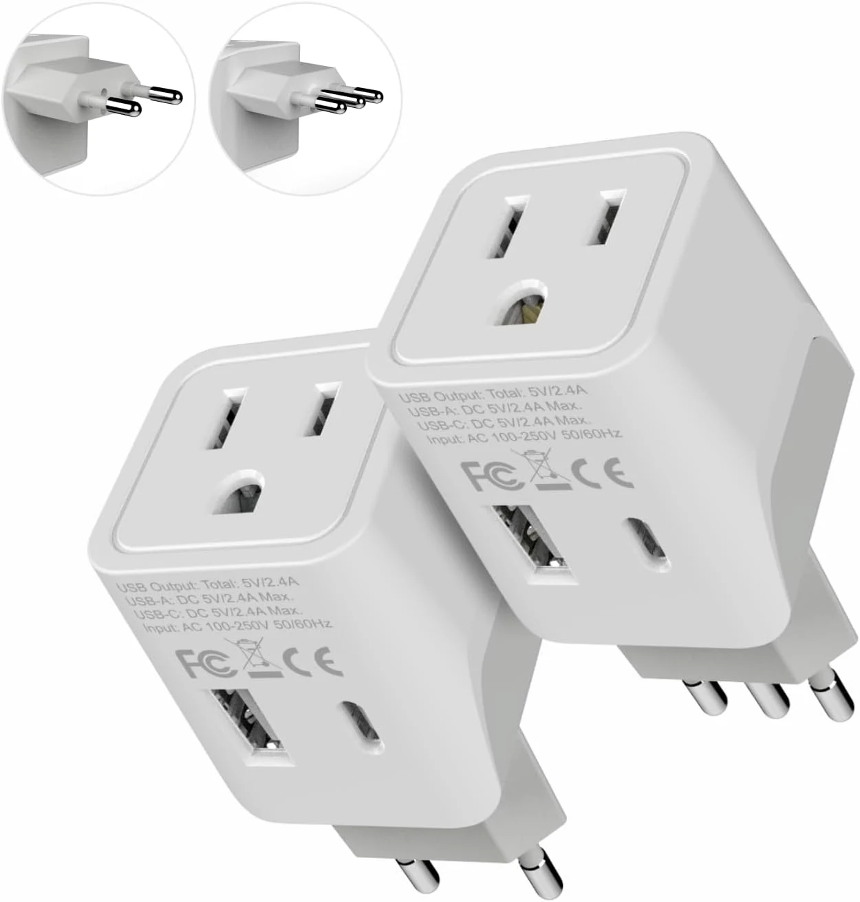Ceptics Italy, Europe Travel Adapter Plug Set (2 Pack) with 2 USB and Type L + Type C