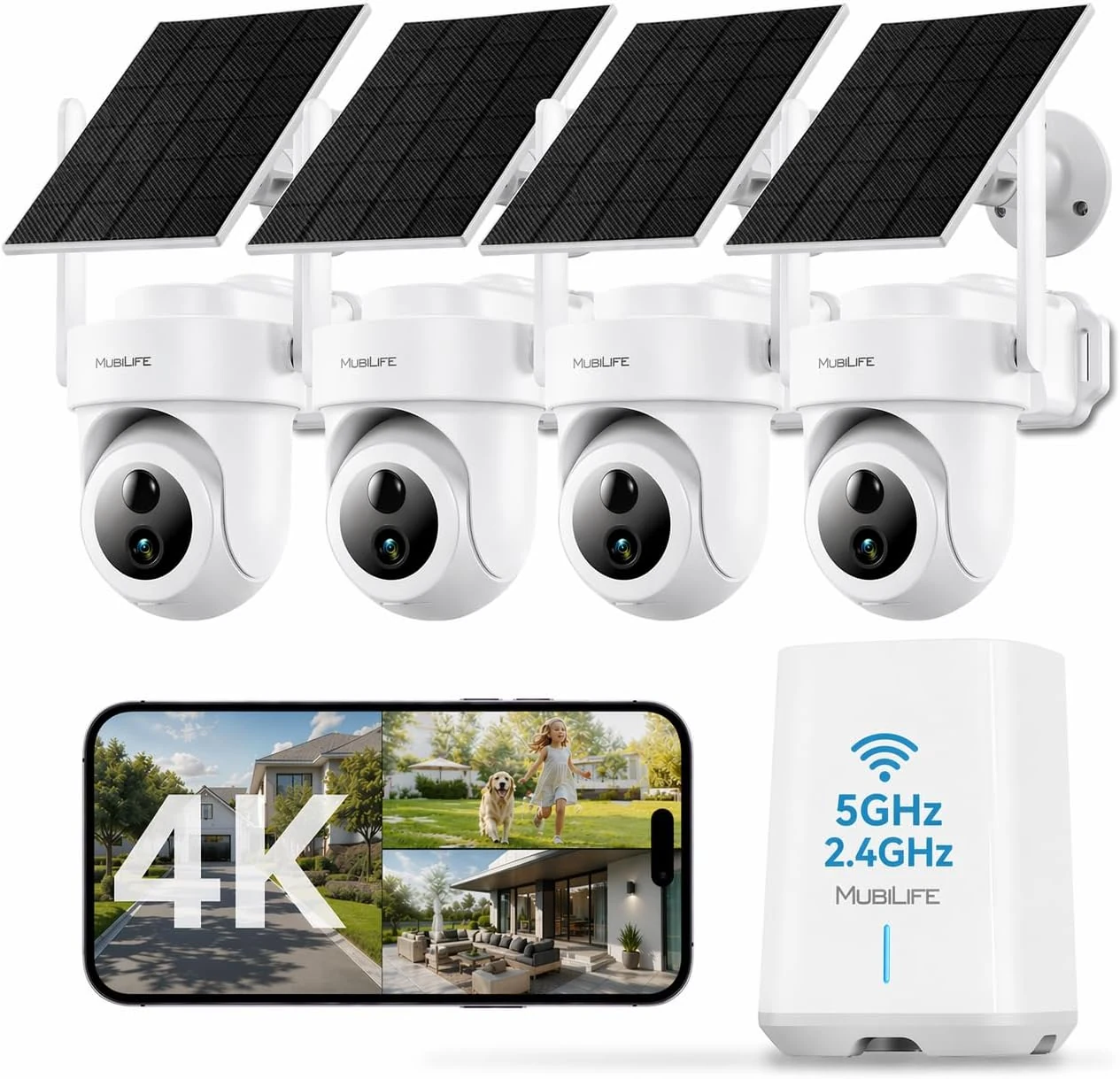 MUBILIFE 4K Ultra HD Solar Security Cameras Wireless Outdoor, No Subscription Required, Home Security Cameras System with 360° Auto Tracking, Color Night Vision, 2.4&5GHz WiFi, Easy Setup, 4-Cam Kit