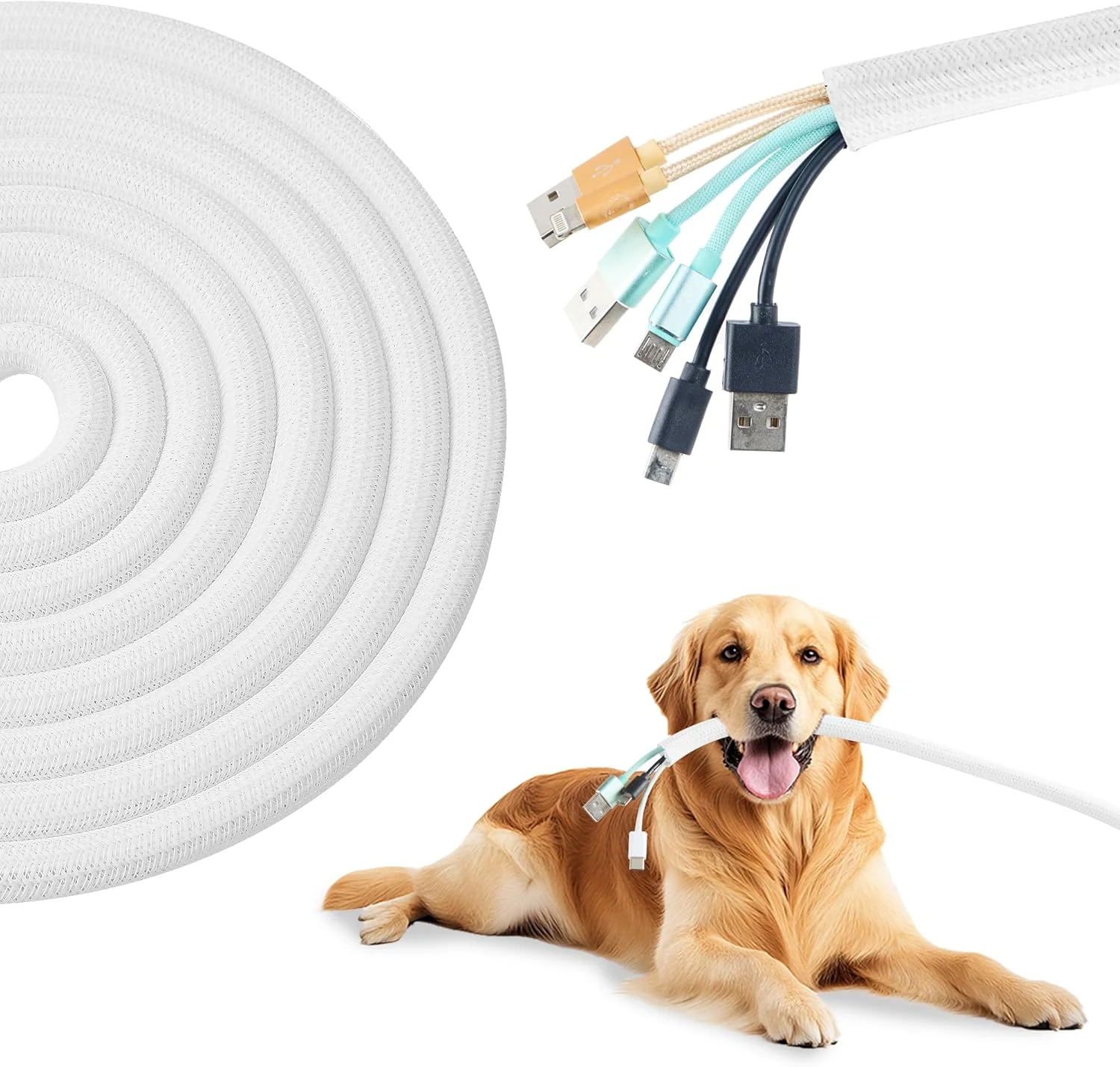 Split Wire Loom 1/2 Inch 10ft, Braided Cable Sleeve for Cable Management, Cord Protector for Pets, TV, Desk & Automotive, White
