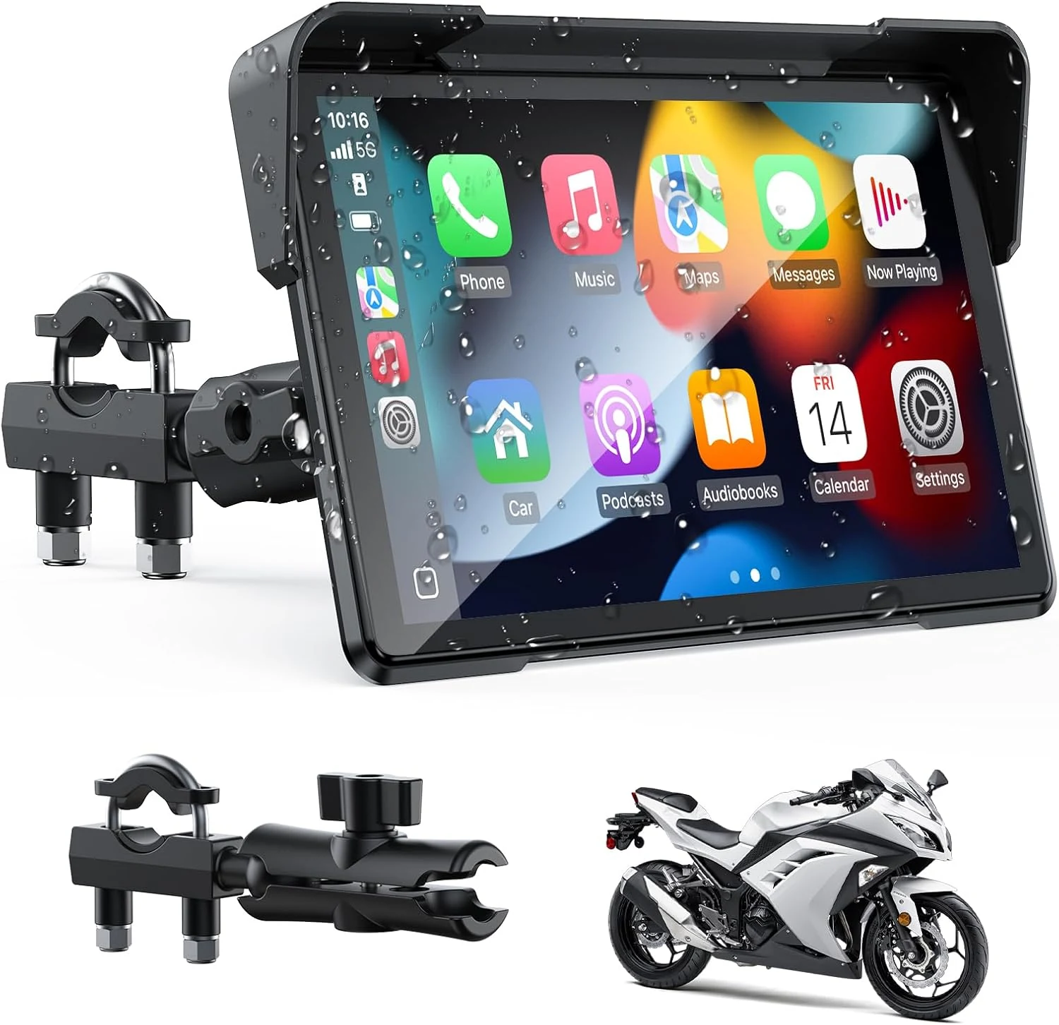 VOLAM 7" Wireless Motorcycle CarPlay Screen, IP67 Waterproof Touchscreen, GPS Navigation