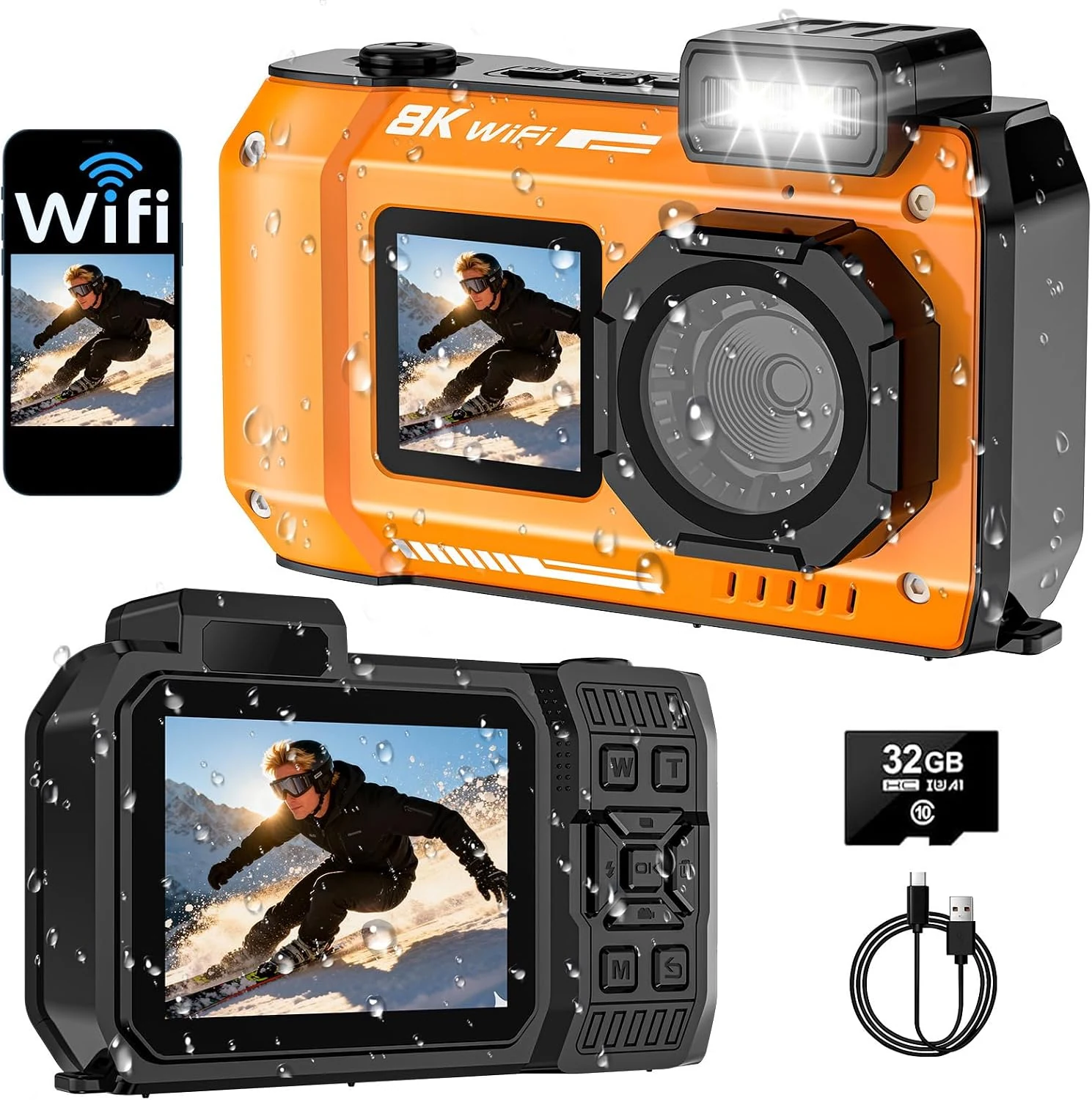 UHD 8K Underwater Camera, 70MP 33FT WiFi Waterproof Digital Camera with 32GB Card, Auto Focus Waterproof Dual-Screen Selfie 2500mAh Battery, 18X Floatable Digital for Snorkeling, Orange