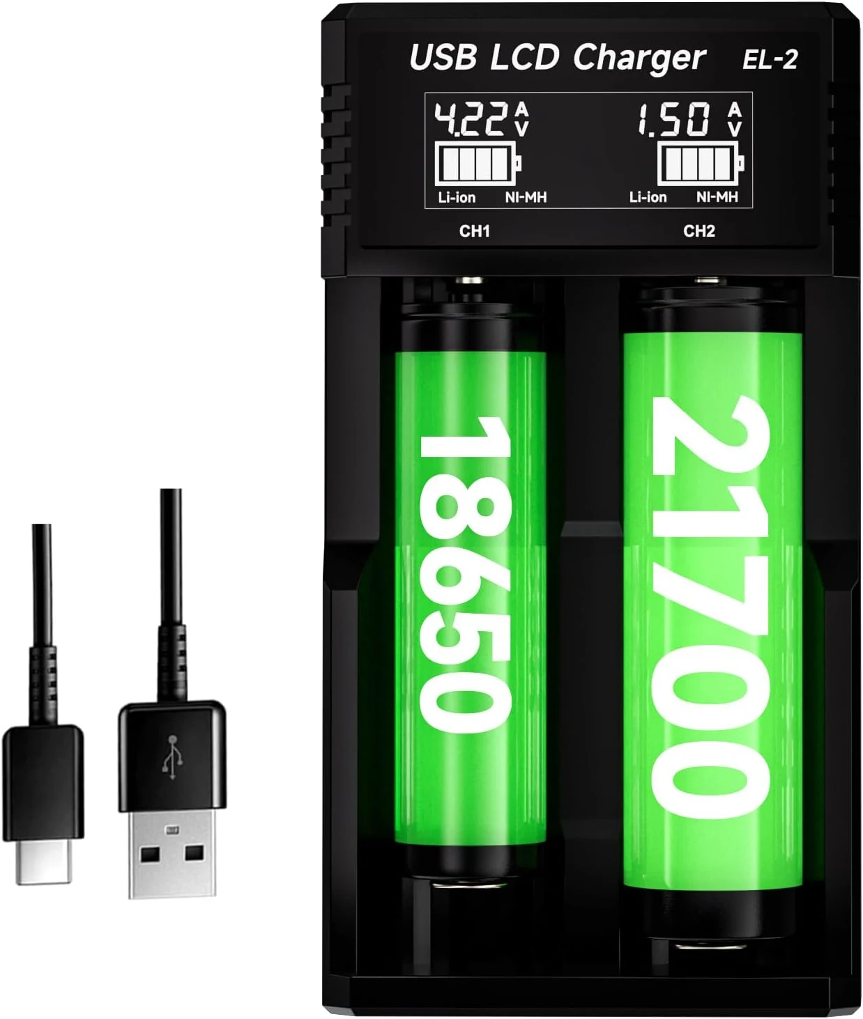 18650 Battery Charger,2 Bay LCD Display Universal Charger for 3.7V/3.6V