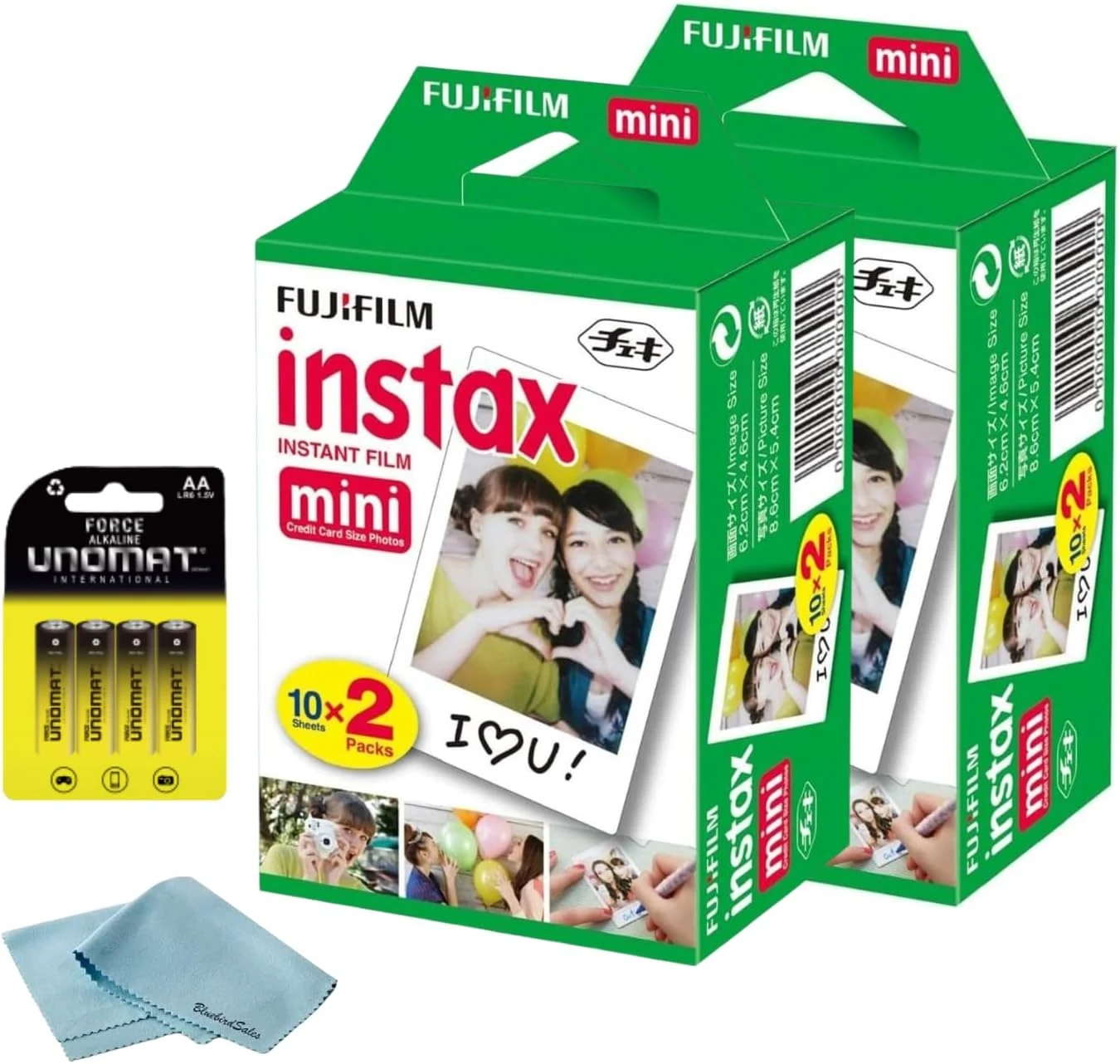Fujifilm Instax Mini Instant Film, 40 Shots (10 Sheets x 4) – Capture Memories Anytime, Anywhere + BluebirdSales Premium Cleaning Cloth & 8 AA Batteries