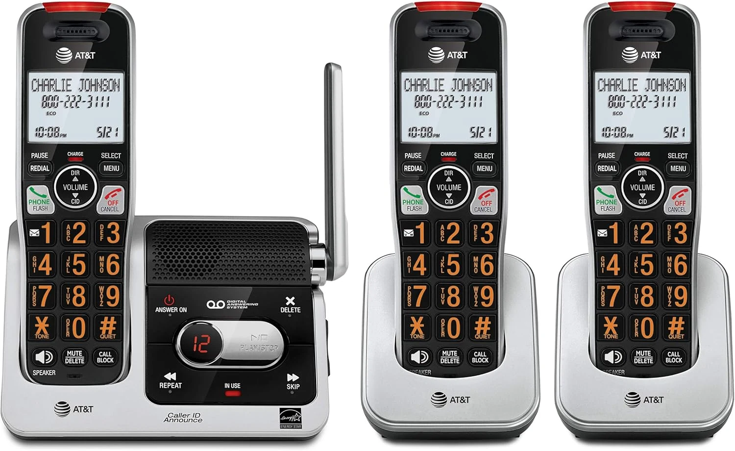 AT&T BL102-3 DECT 6.0 3-Handset Cordless Phone for Home with Answering Machine, Call Blocking, Caller ID Announcer, Audio Assist, Intercom