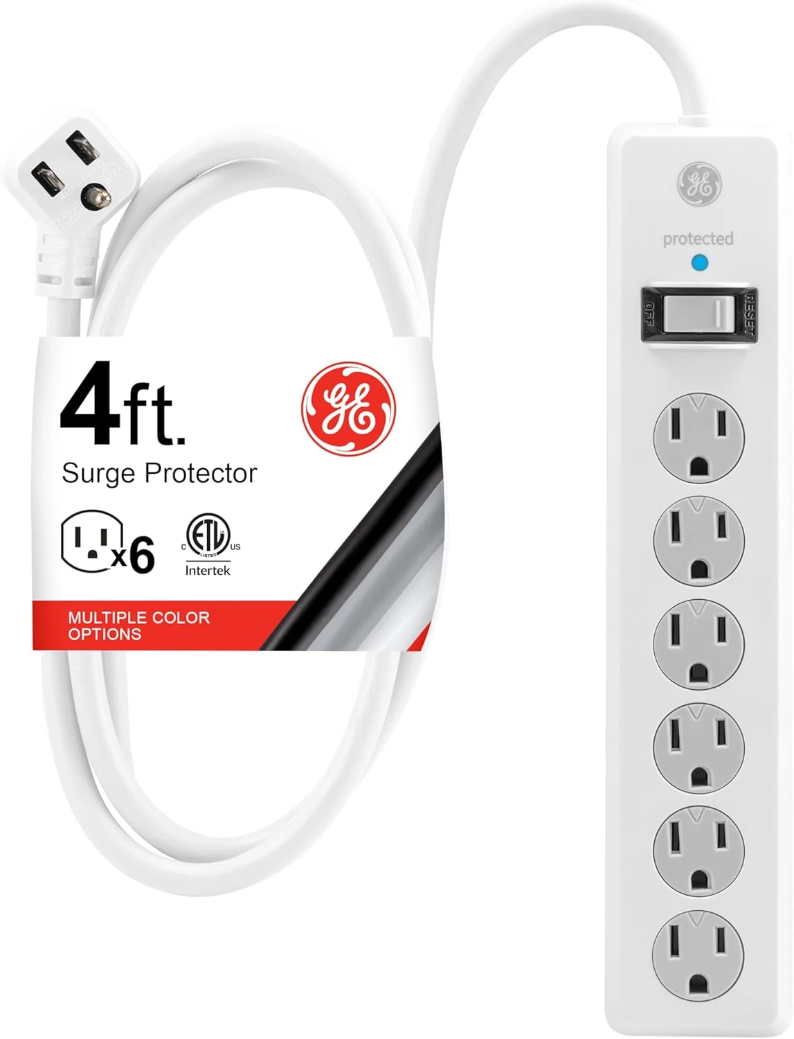 GE Surge Protector Power Strip, 4 Ft Extension Cord, 6 Outlet Extender, 800 Joules, Flat Plug, Wall Mount, Twist-to-Close Safety Covers, White, 33658