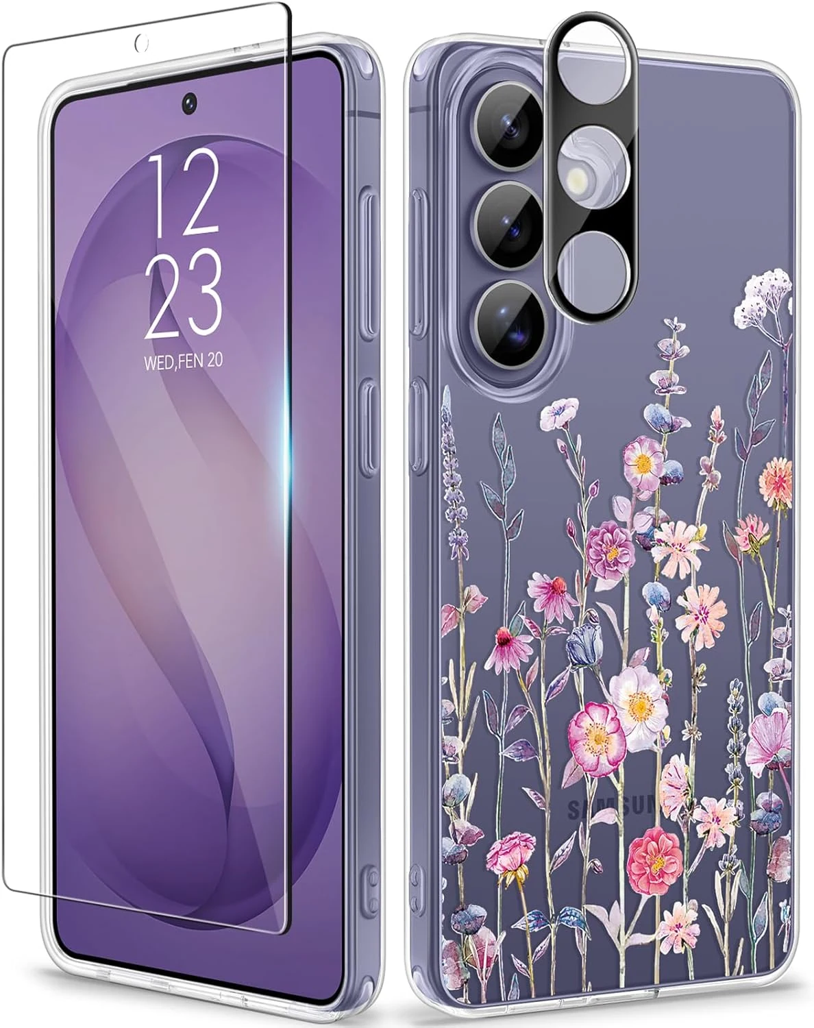 GVIEWIN for Samsung Galaxy S26 Case, Clear Floral Slim Shockproof Protective Women Phone Case, Non-Yellowing, with Screen Protector & Camera Lens Protector for Galaxy S26 6.3"