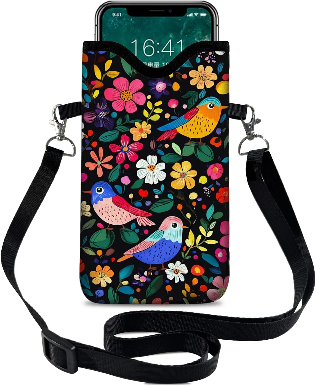 Neoprene Cell Phone Sleeve Pouch Case Bag with Crossbody Strap Neck Lanyard for Women 7.1 X 3.9 in Flower Bird Pattern