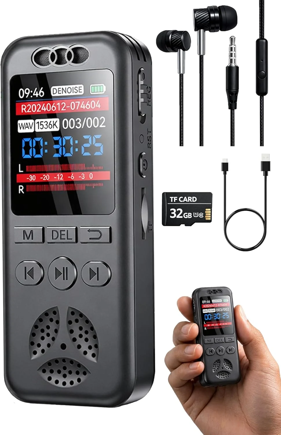 32GB Digital Voice Recorder with Playback, Small Voice Activated Recorders, 1536Kbps Audio, 70dB Noise Reduction, A-B Repeat Recording Device Portable Mini for Lectures, Meetings, Interview etc