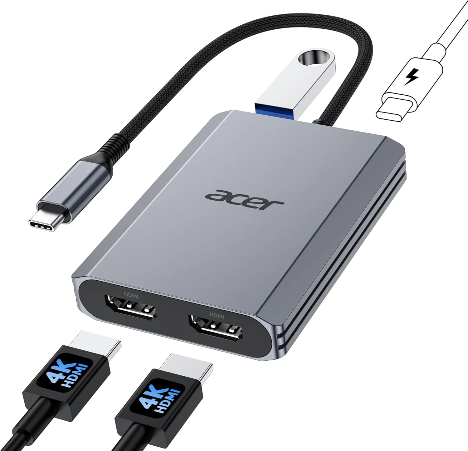 Acer 4-in-1 USB C Hub, Type C to Dual HDMI Adapter 4K@60Hz, HDMI Splitter for Dual Monitors with 100W PD Port, USB 3.0, Dual Monitor Adapter for USB C Devices with DP Alt Mode (0.65FT)