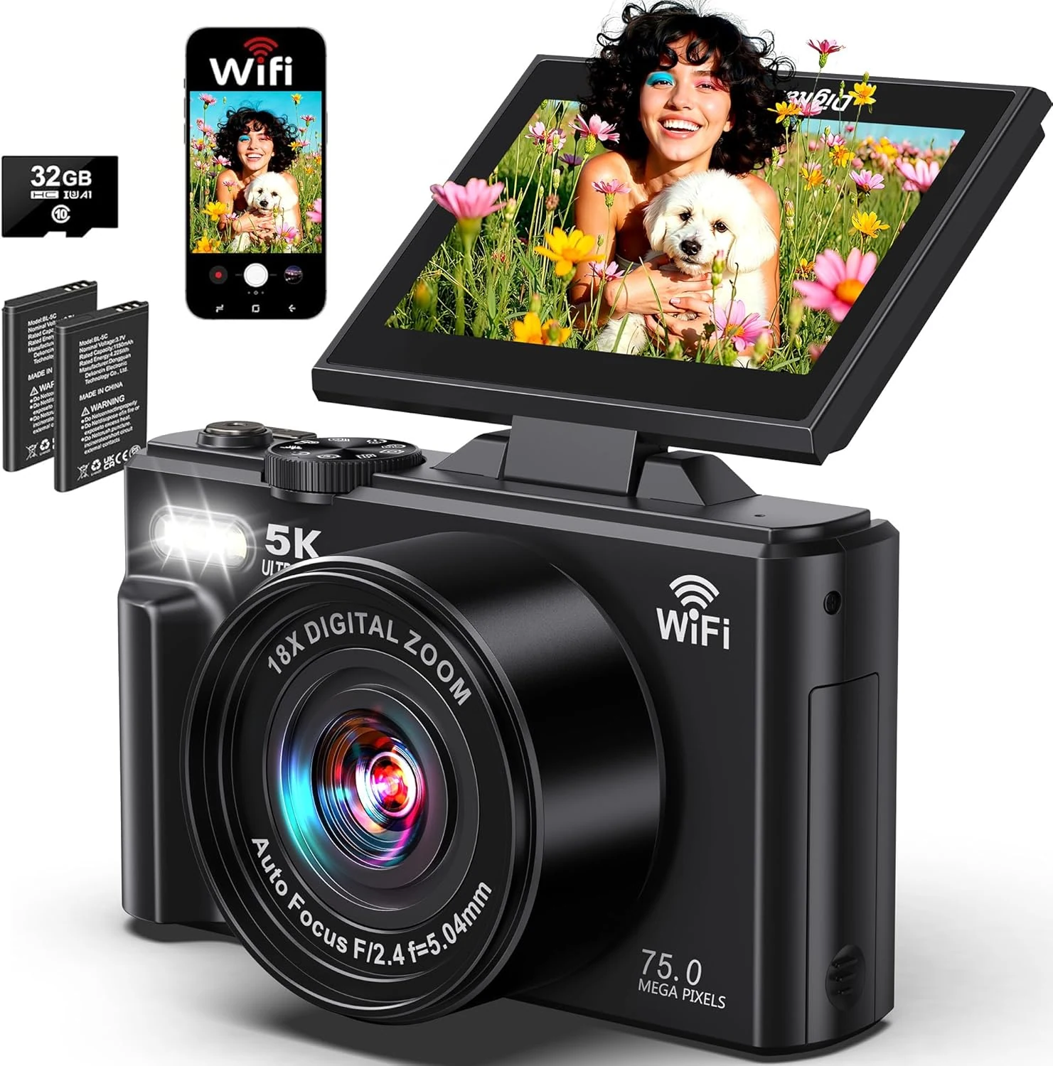 Pedtail Digital Camera (5K WiFi, 75MP, 3" Flip Screen, 18X Zoom, Webcam)