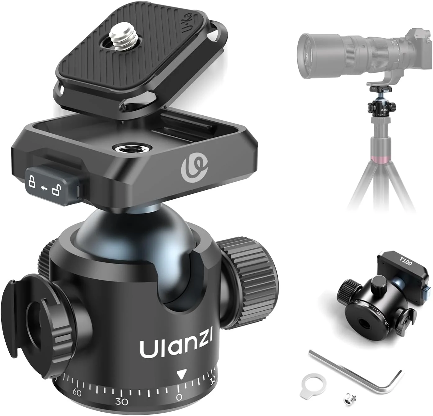 Ulanzi T100 Ball Head, Tripod Ball Head Mount 1/4 & 3/8 with Uka Quick Release Plate & Cold Shoe, 360° Rotating Panoramic Ball Head for DSLR Camera