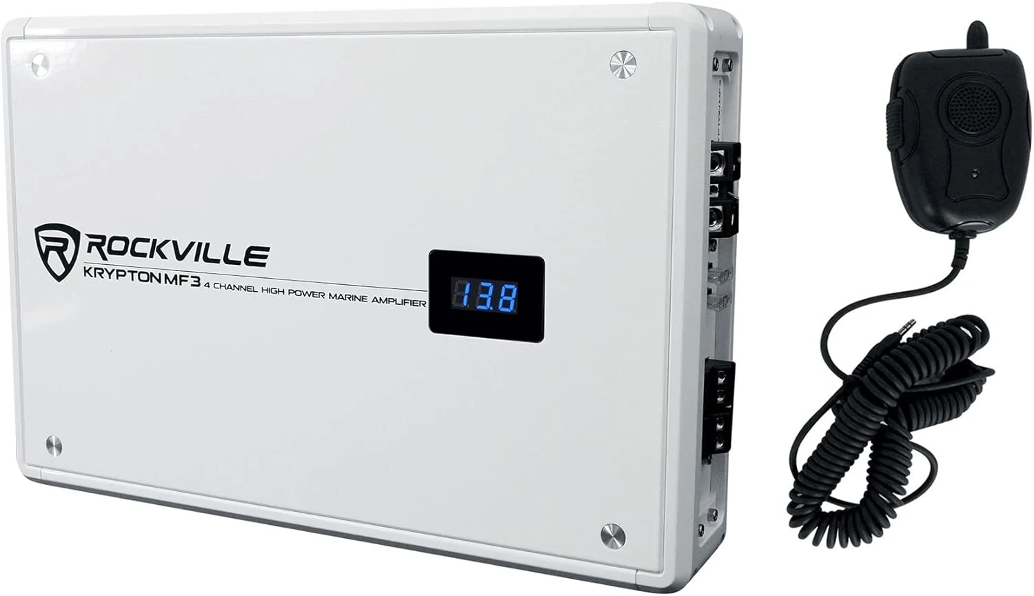 Rockville Krypton MF3 1600w Peak 4 Channel Marine Amplifier, White, PA Microphone, Rustproof, Adjustable Crossover, for Boats