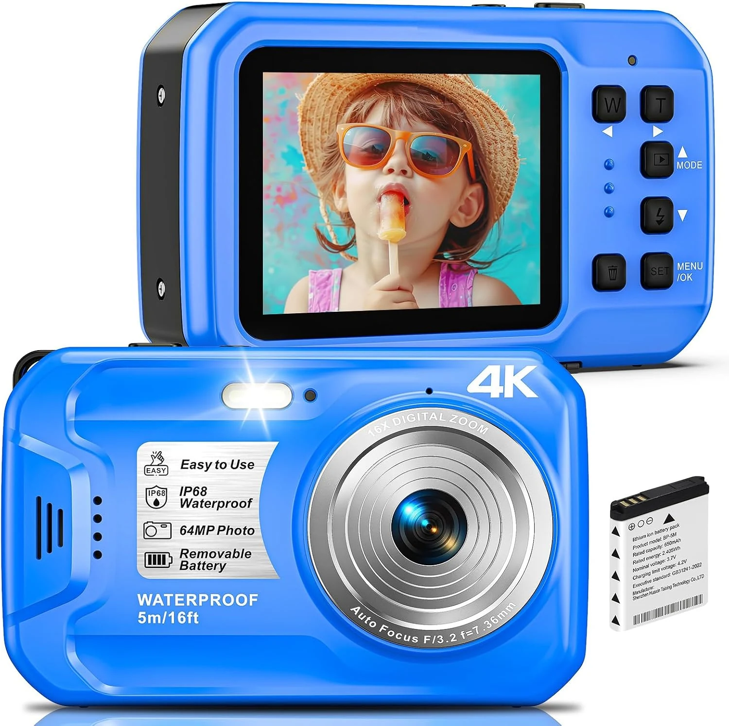 4K Underwater Camera, 64MP 16FT Waterproof Digital Camera with 16GB Card, Autofocus Floatable Waterproof Camera with IPS HD Screen