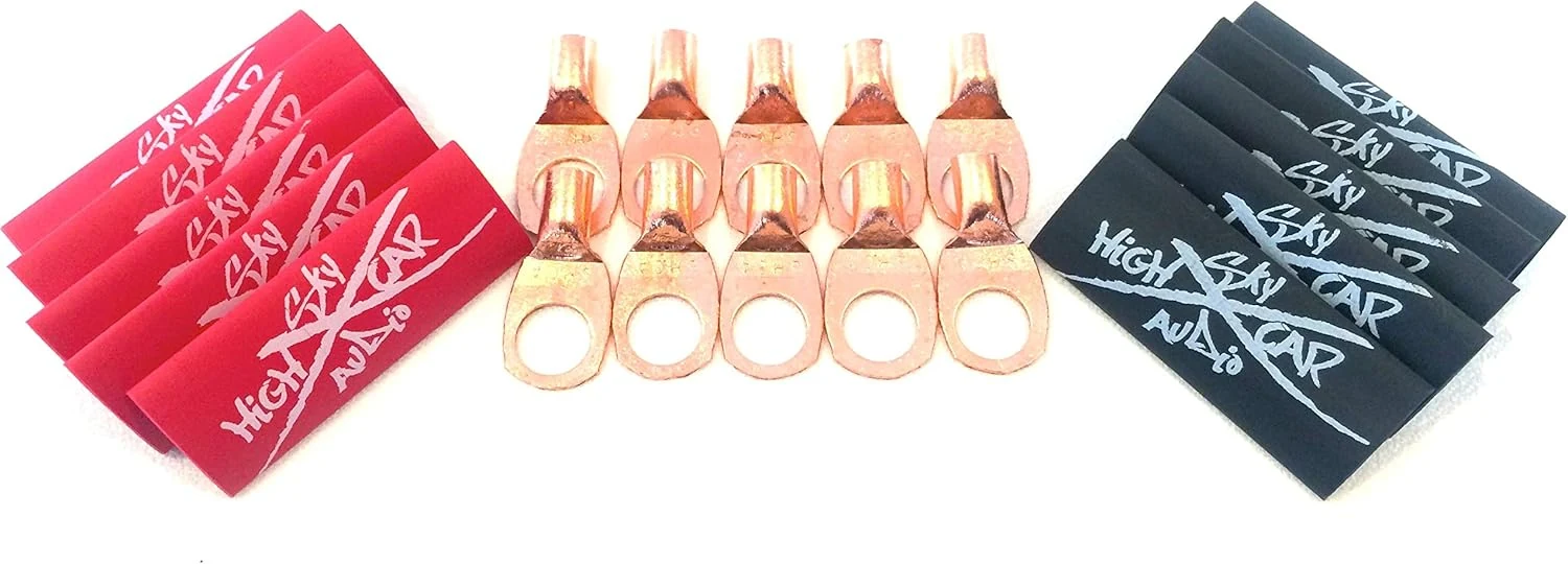 (10) 8 Gauge Copper Ring Terminals 3/8" Red/Black Heat Shrink Tubing Lugs