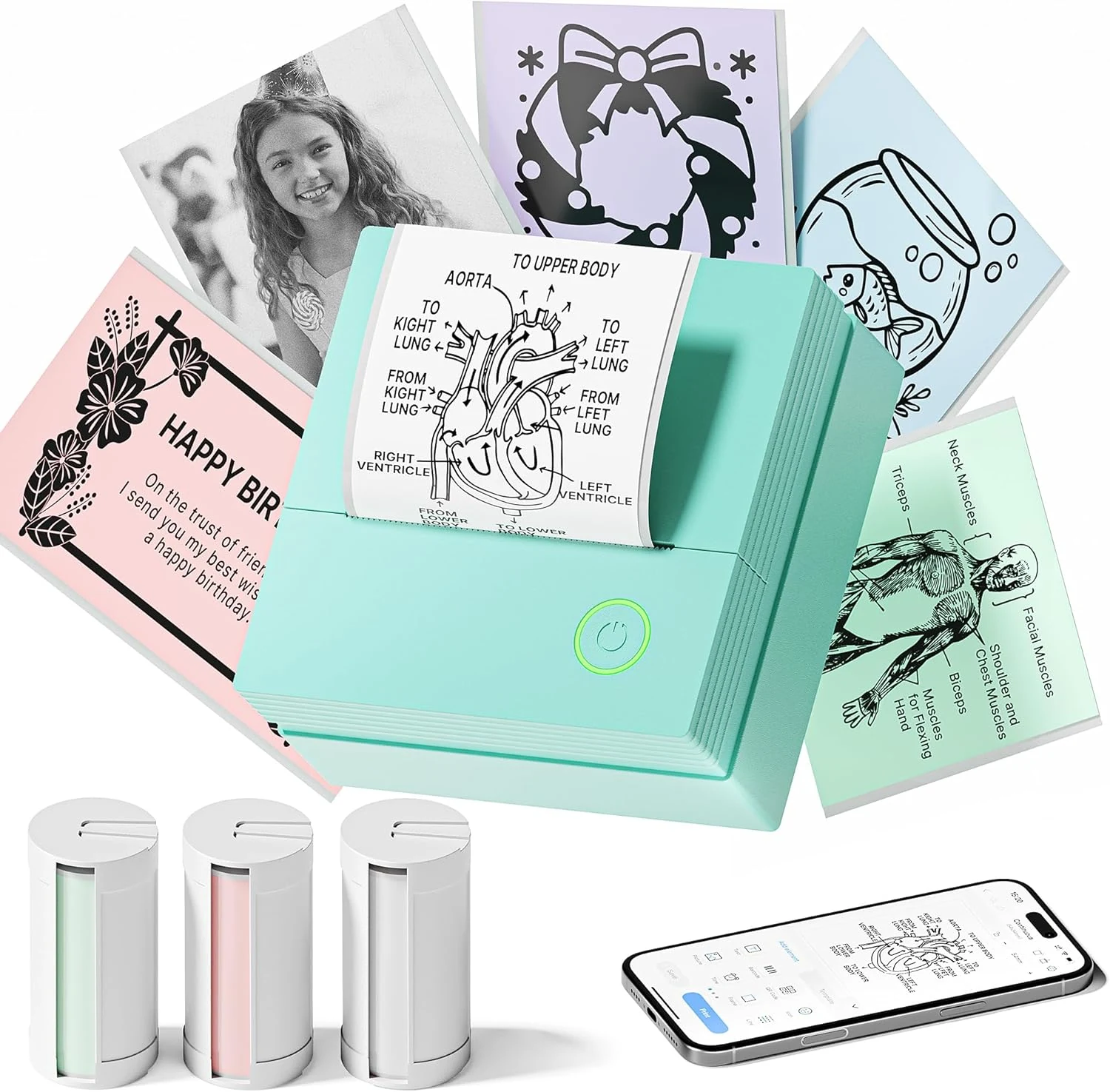 Sticker Printer, PM290 Mini Printer, Bluetooth Sticker Maker Machine with 3 Rolls Paper (Green)