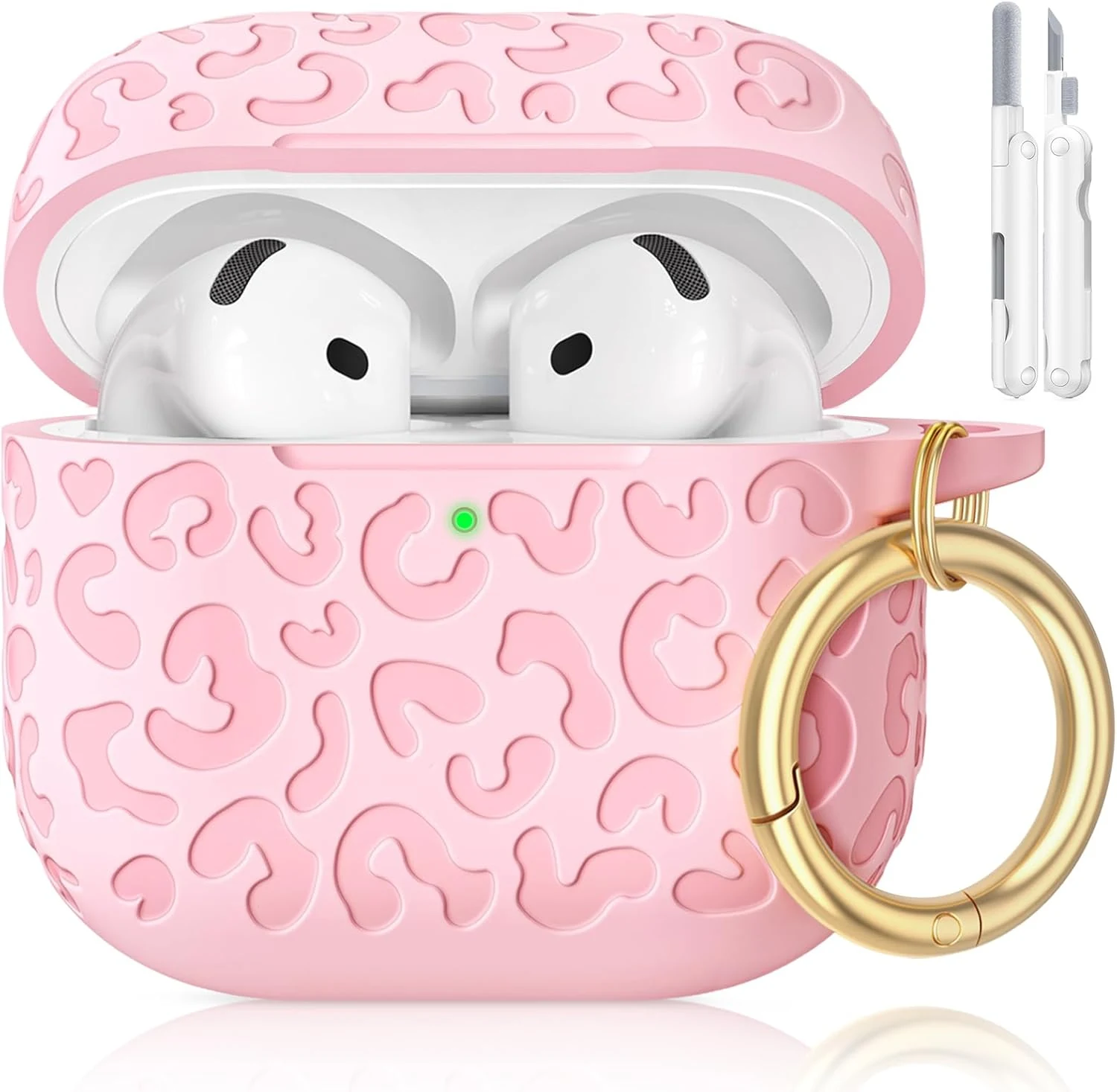 for AirPods 4 Case Cover, Leopard Engraved Silicone Protective Shell Compatible with Apple AirPods 4th Generation Case for Men Women Girly,Cute iPods 4 Case with Keychain- Pink