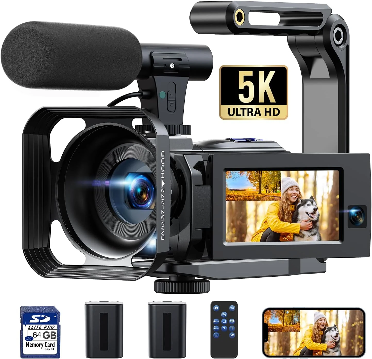 5K Video Camera Camcorder, 56MP Dual Lens Vlogging Camera for YouTube, Cam Corder with 3" 270° Flip Touch Screen,16X Zoom, Night Vision, WiFi, Remote, 64GB SD Card, 2 Batteries, Tripod, Webcam