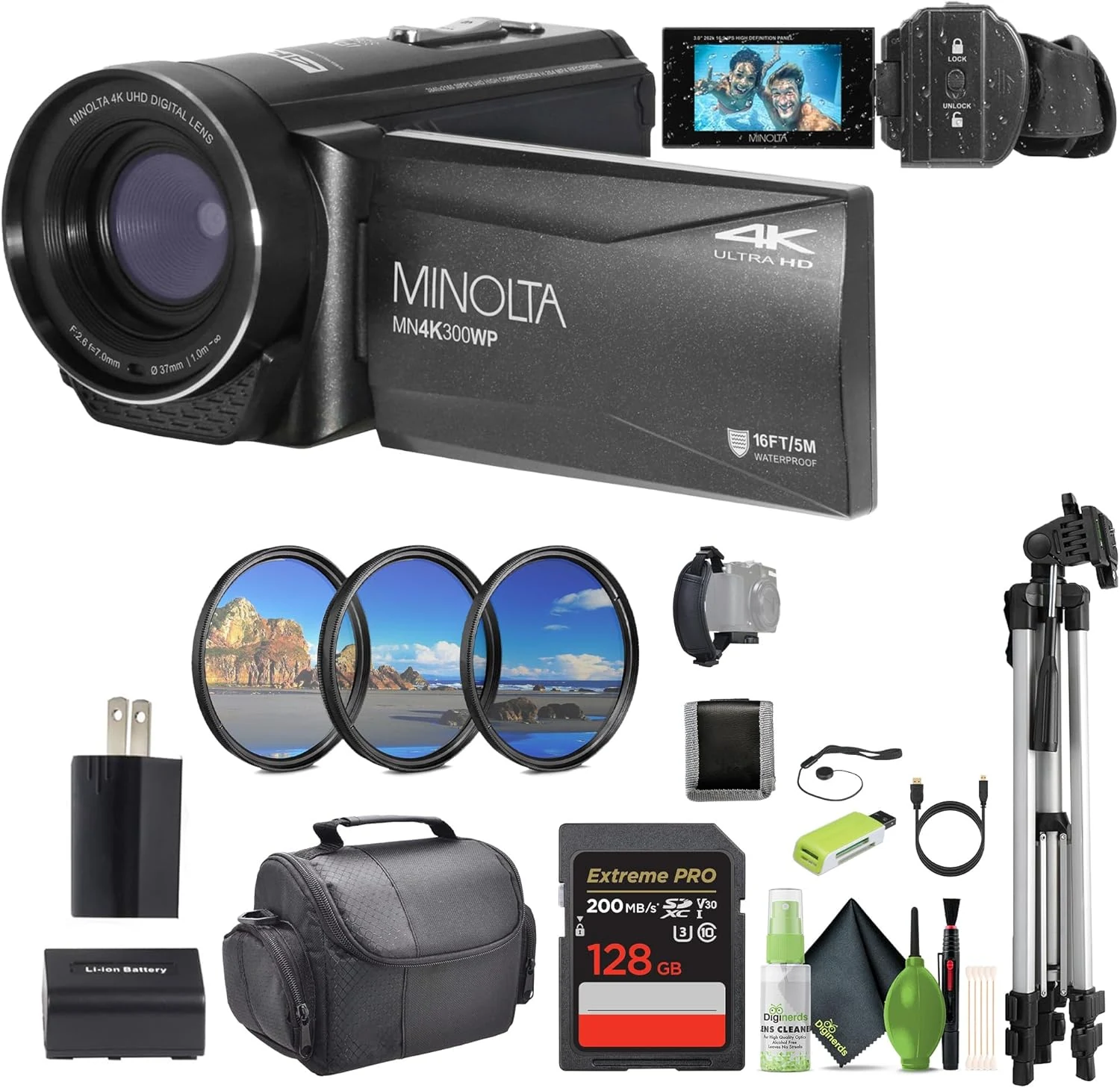 Minolta MN4K300WP 4K Ultra HD / 56 MP Waterproof Video Camcorder (Black) Bundle