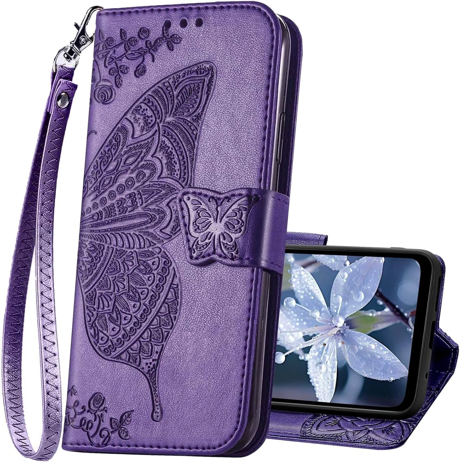 for Samsung Galaxy A17 5G Phone Case Wallet,Women Flip Cover with Credit Card Holders Butterfly Embossed PU Leather Wrist Strap Purse Protective (Purple)