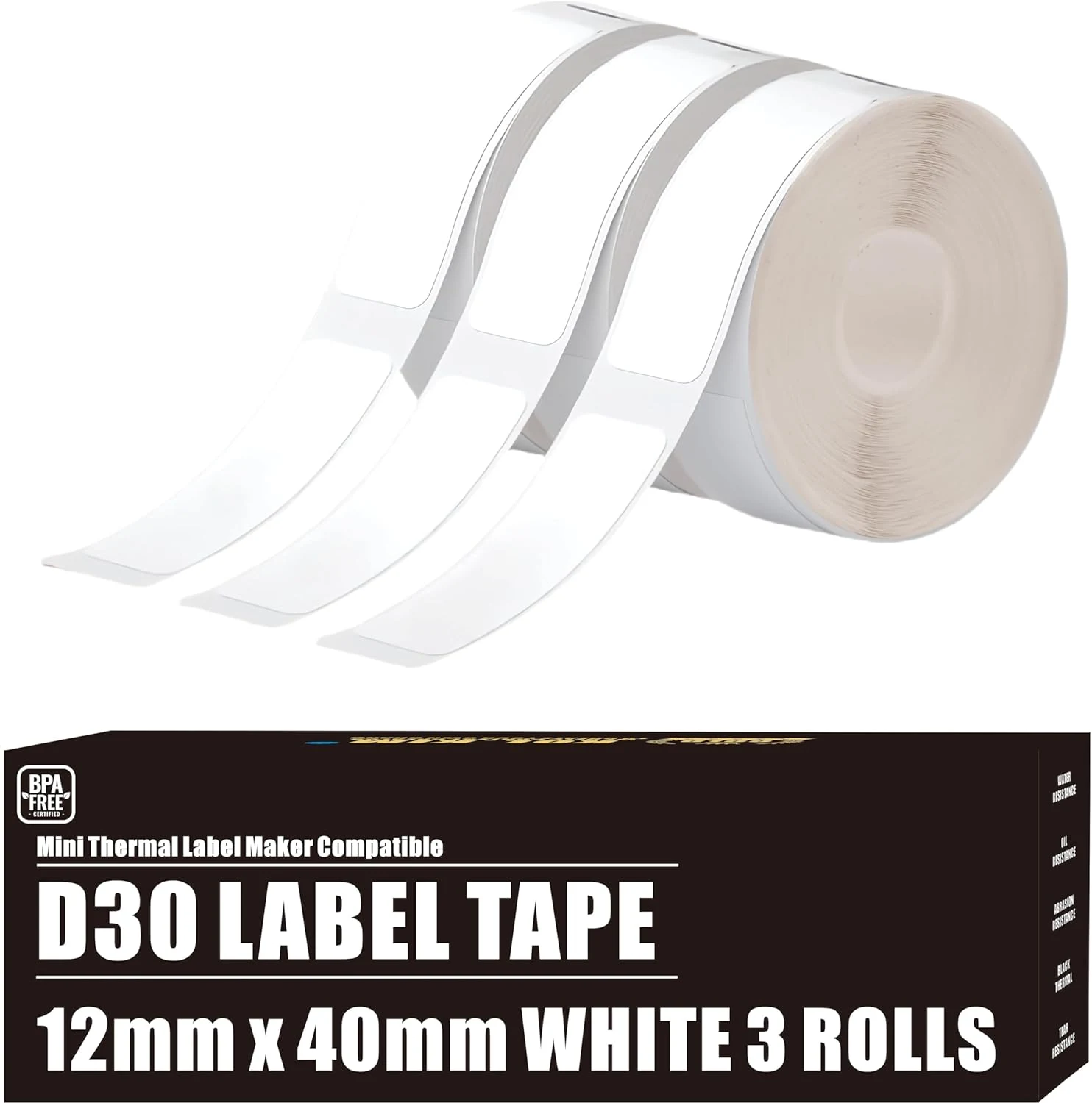 D30 Label Tape, 540 Labels 12x40mm White Thermal Label Paper