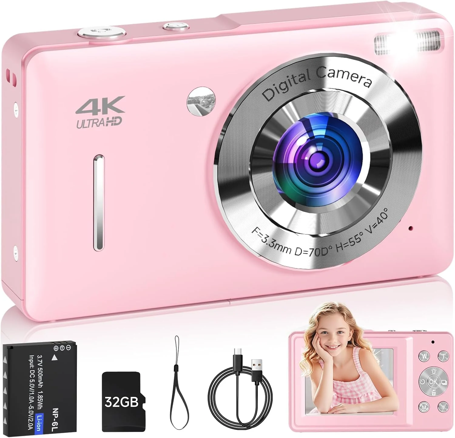 Digital Camera for Kids, FHD 1080P 44MP Point and Shoot (Pink Compact Vintage)