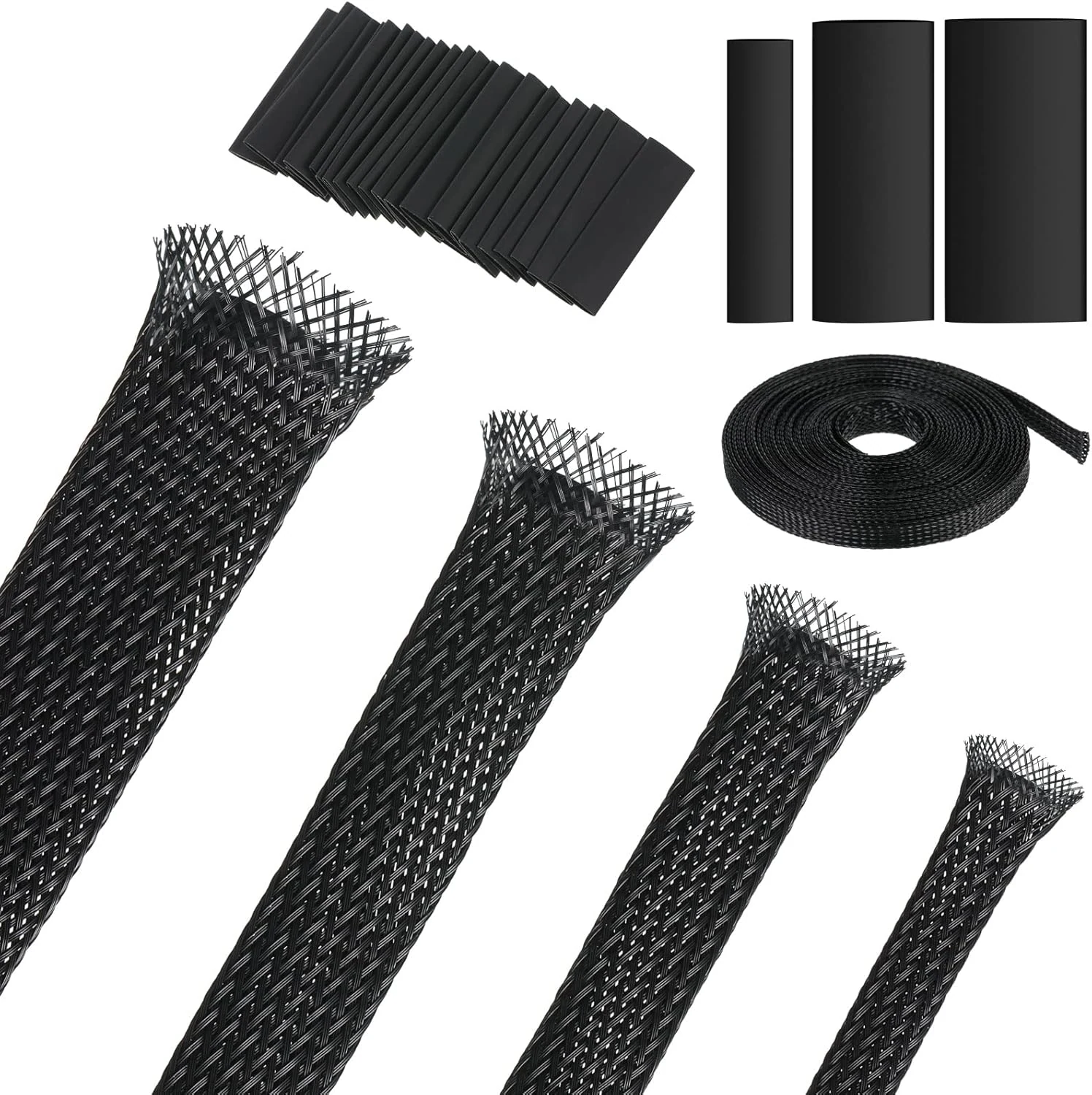 Tatuo 65.6 ft Expandable Braided Cable Sleeve Multi Size Braided Wire Sleeve with 120 Pcs Heat Shrink Tubing (Black)