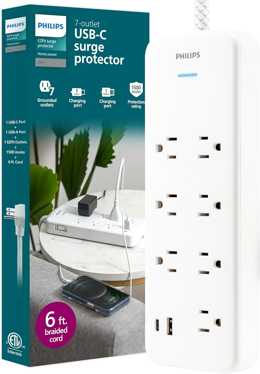 Philips Surge Protector Power Strip with USB Ports, 6 Ft Braided Extension Cord (SPP3983W/37)