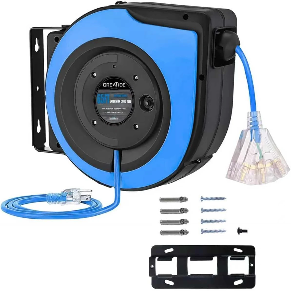 Retractable Extension Cord Reel, 65 Feet 12 AWG/3C SJTOW Heavy Duty Power Cord,15 AMP Circuit Breaker, 3-Lighted Triple Outlets, Ceiling or Wall Mount Use Gifts for Dad
