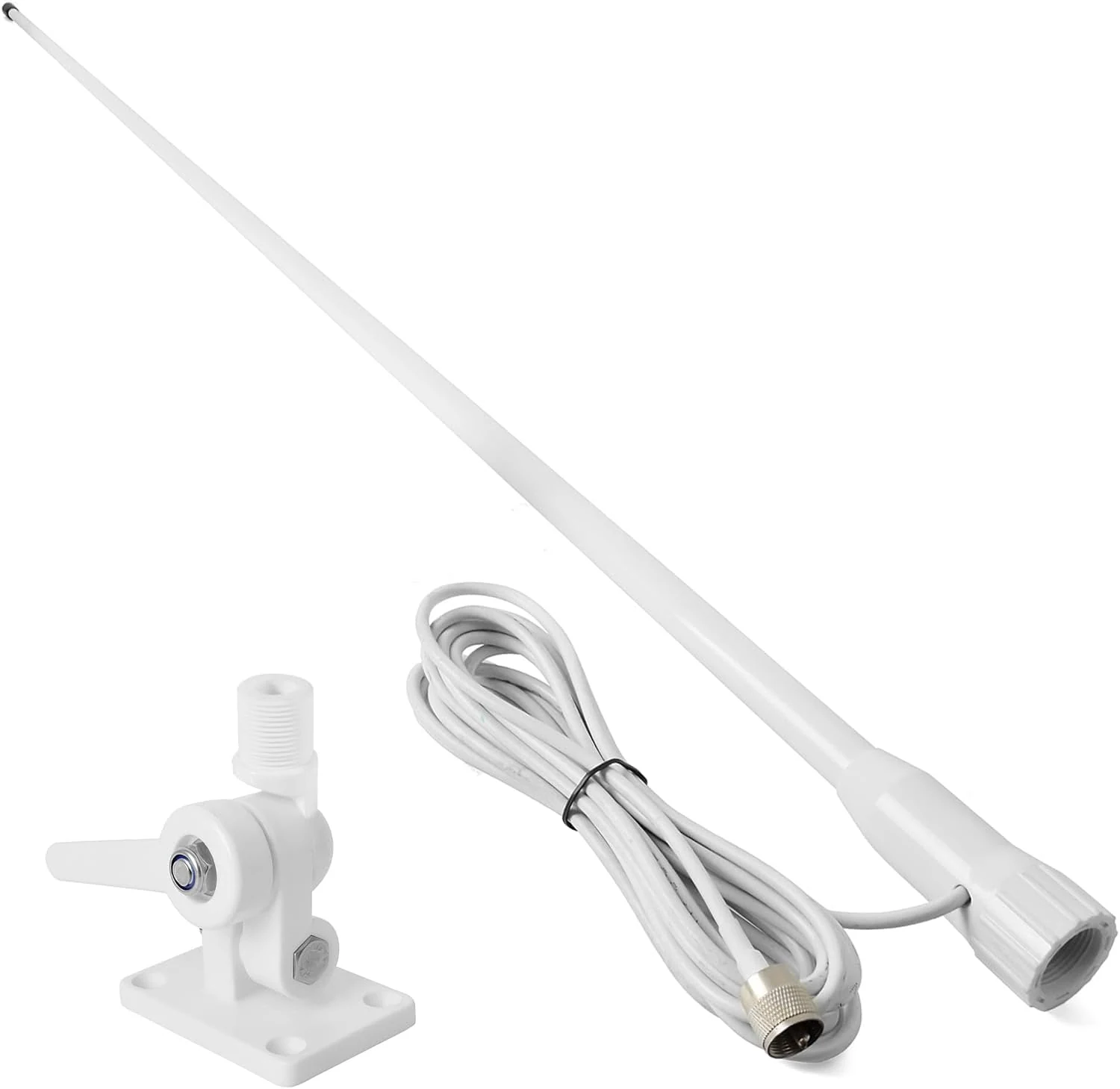 TWAYRDIO Marine VHF Antenna, 3.6ft White Fiberglass Waterproof Boat Antenna w/23ft RG58 Coaxial Cable PL-259 Connector and Adjustable Ratchet Fixed Mount
