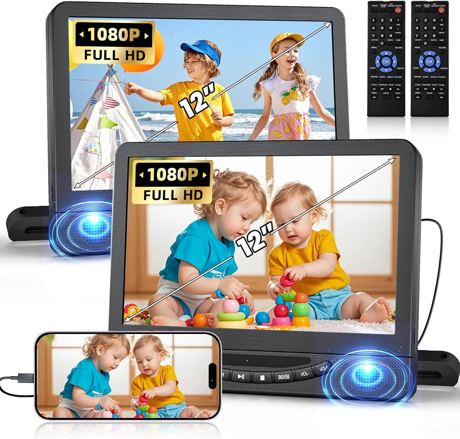 FELEMAN Portable Car DVD Player for Backseat, 12" 1080P HD Screen