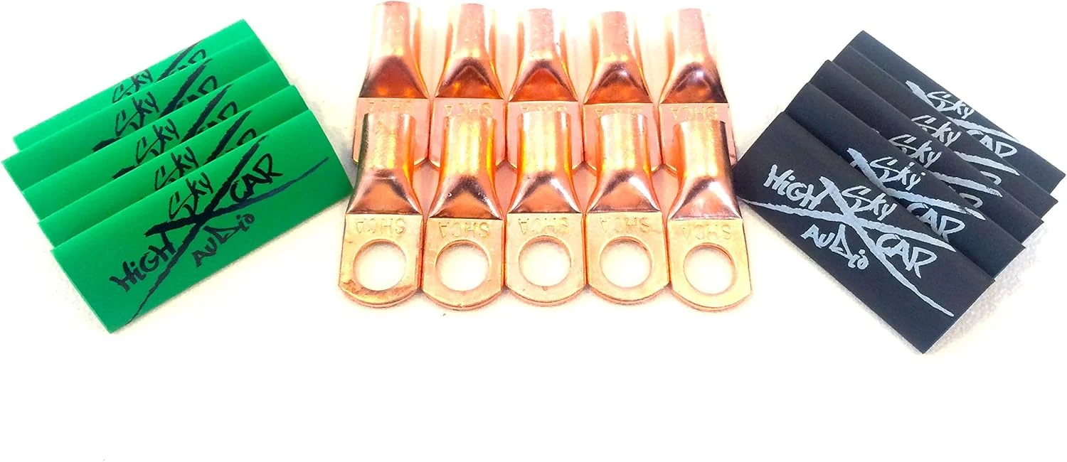 (10) 4 Gauge Copper Ring Terminals 3/8" Green/Black Heat Shrink Tubing Lugs
